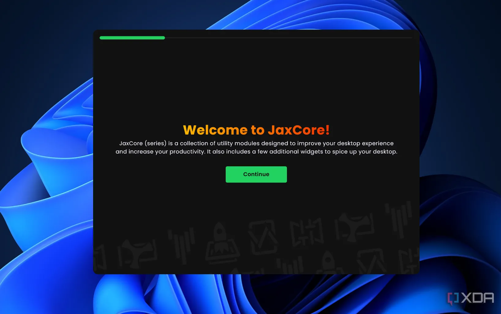 Màn hình chào mừng của ứng dụng JaxCore trên Windows 11