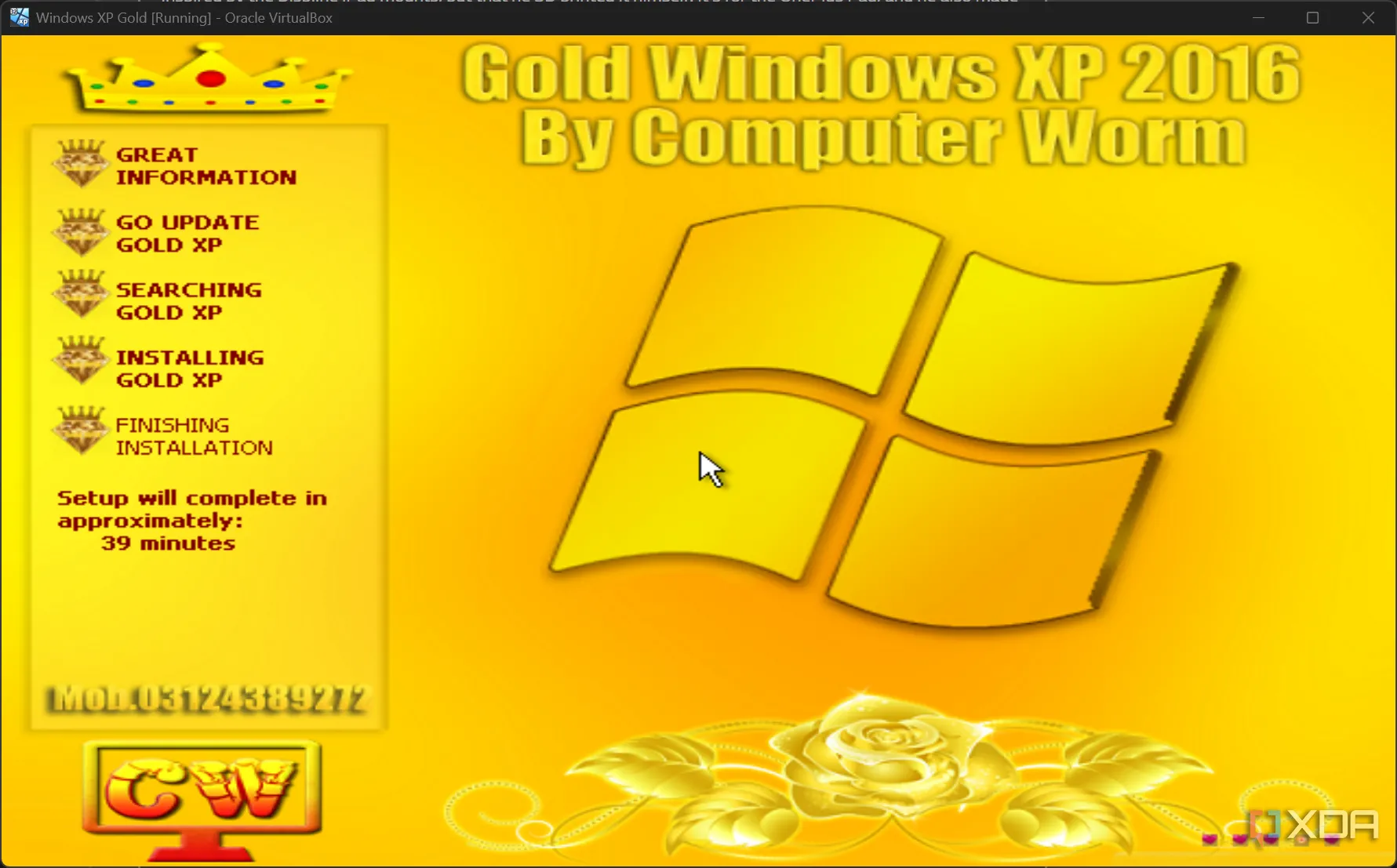 Màn hình desktop của Windows XP Gold Edition với chủ đề màu vàng chủ đạo và các biểu tượng tùy chỉnh