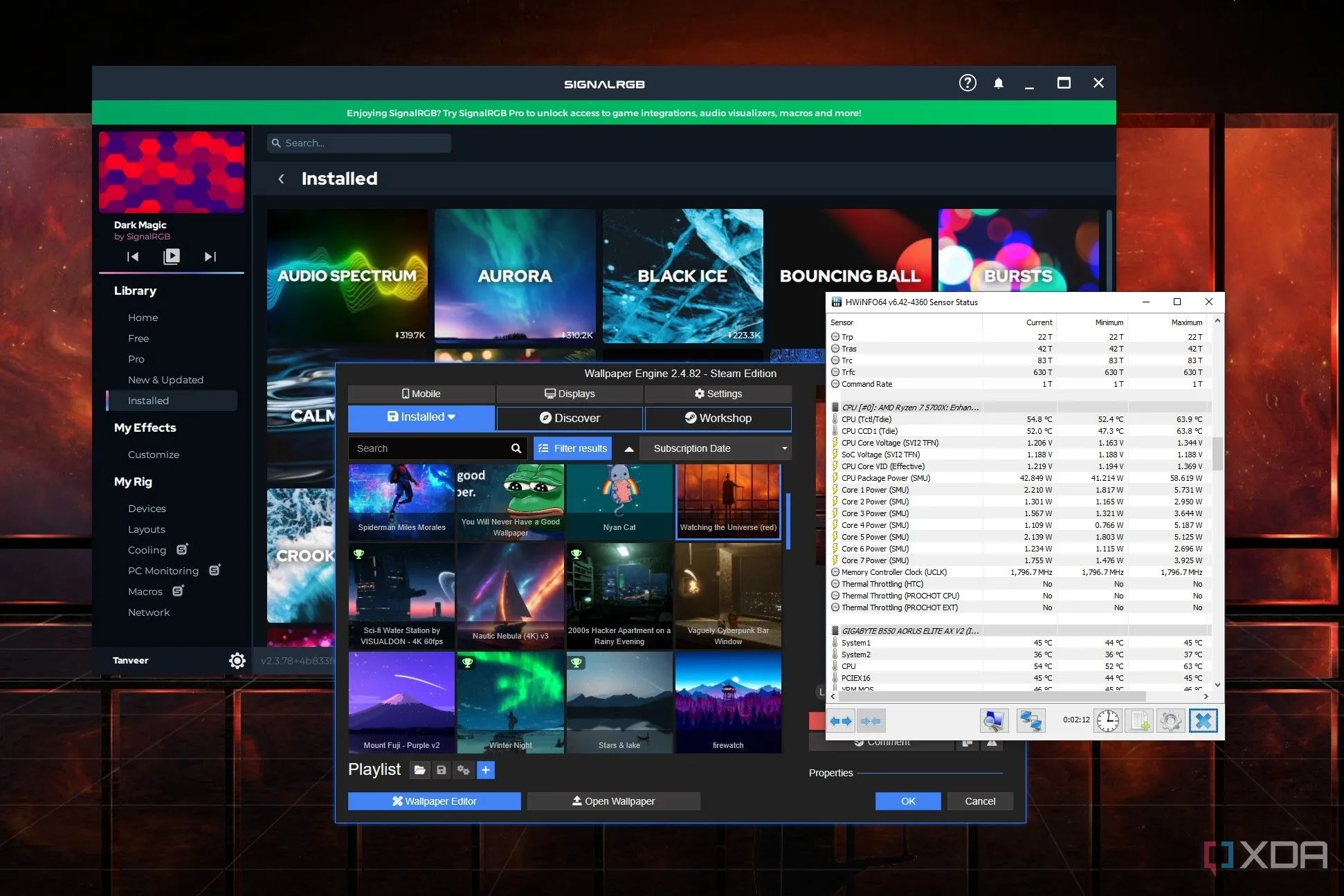 Màn hình desktop hiển thị các ứng dụng SignalRGB, Wallpaper Engine và HWiNFO, minh họa việc tùy chỉnh PC toàn diện.
