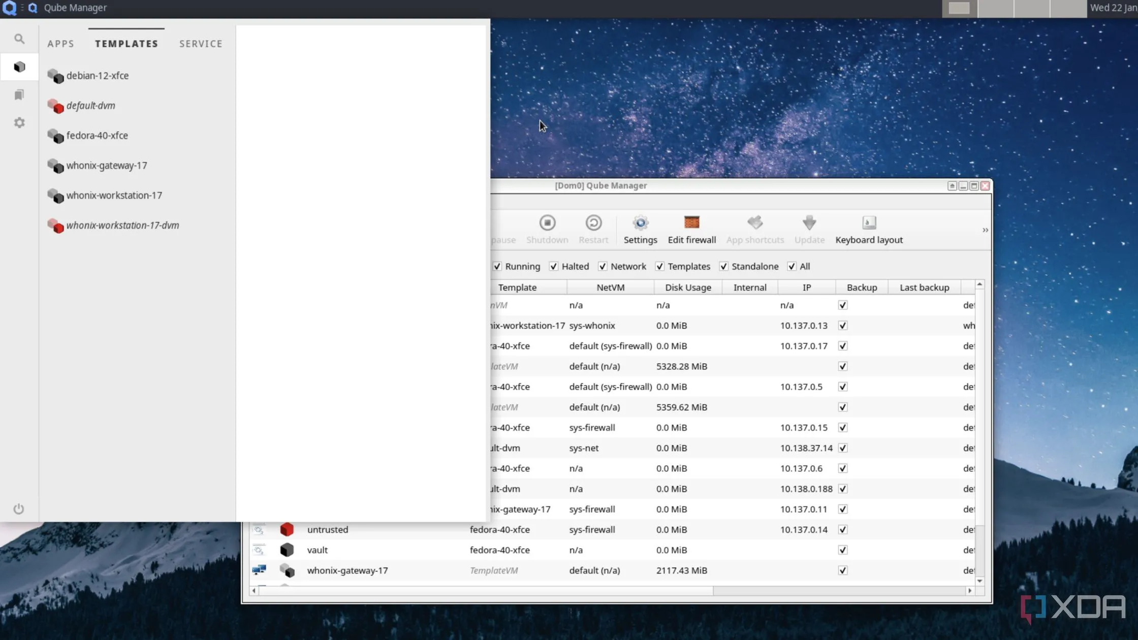 Màn hình giao diện Qubes OS, một hệ điều hành Linux tập trung vào bảo mật, cho thấy sự đa dạng và tiến bộ của các bản phân phối Linux đang chuyển mình