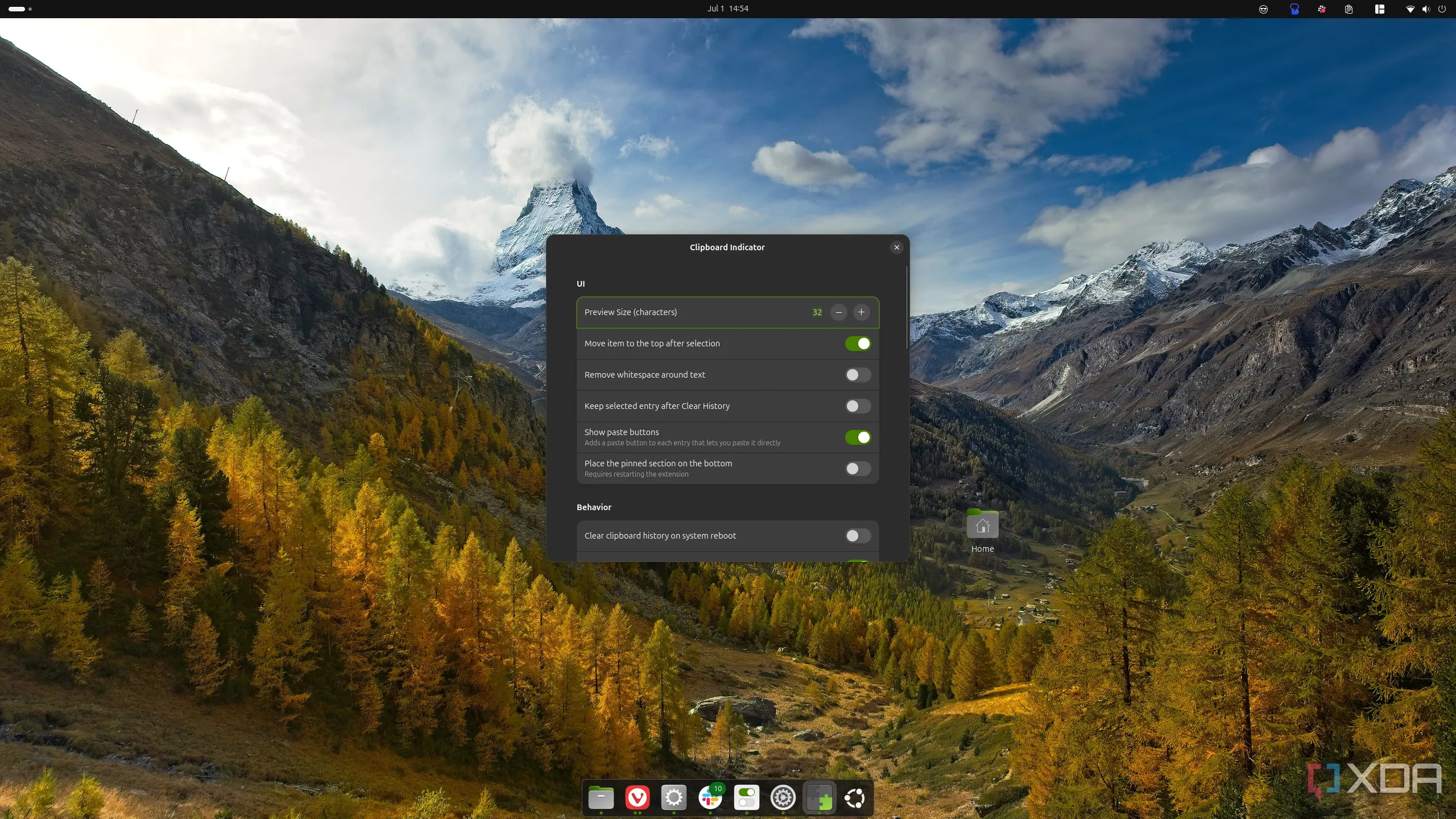 Màn hình hiển thị cài đặt tiện ích Clipboard Indicator trên Ubuntu, minh họa giao diện và tính năng trên Linux.