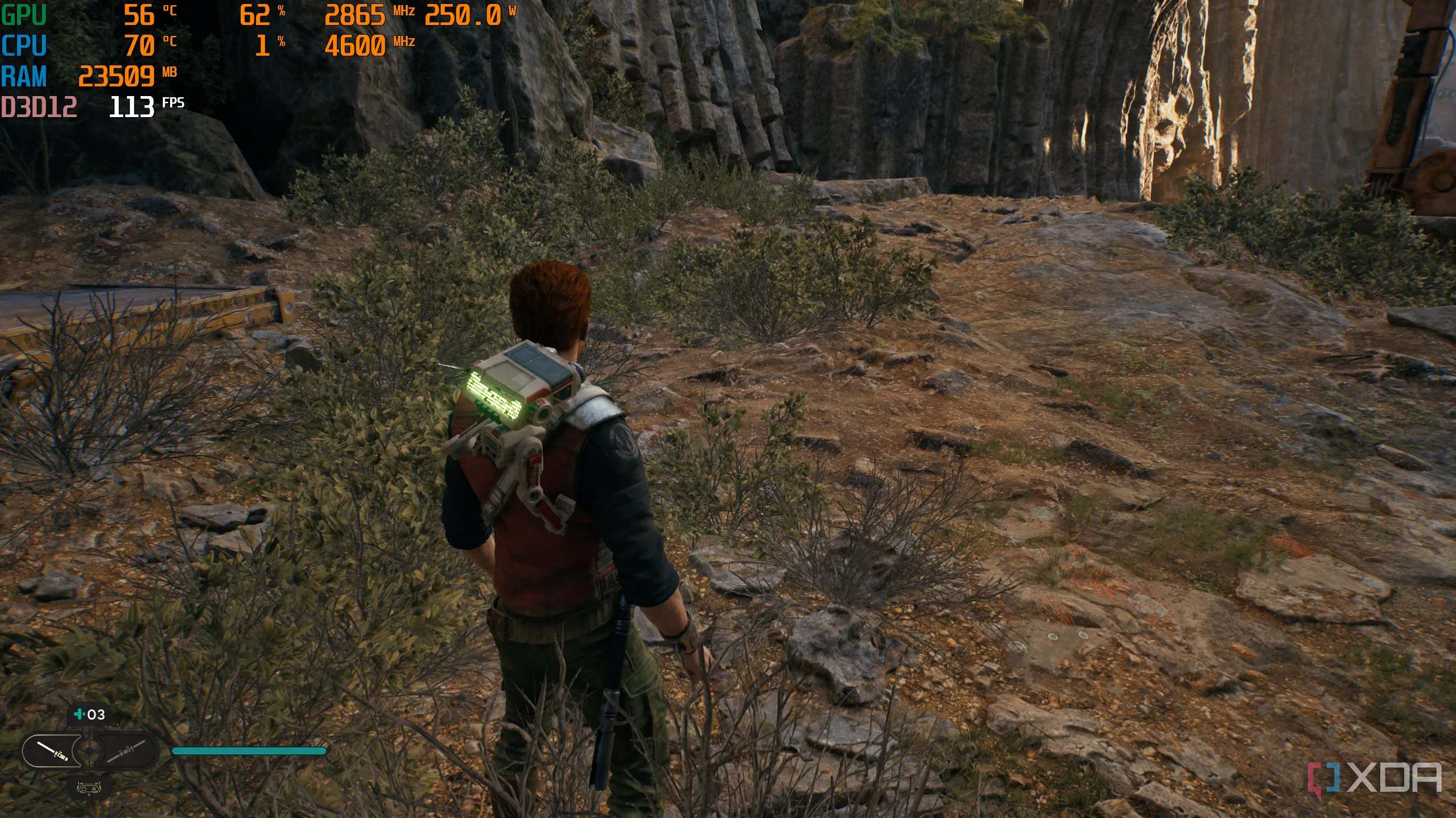 Màn hình hiển thị game Jedi Survivor đang chạy trên PC, cùng với giao diện MSI Afterburner giám sát hiệu suất GPU và CPU.