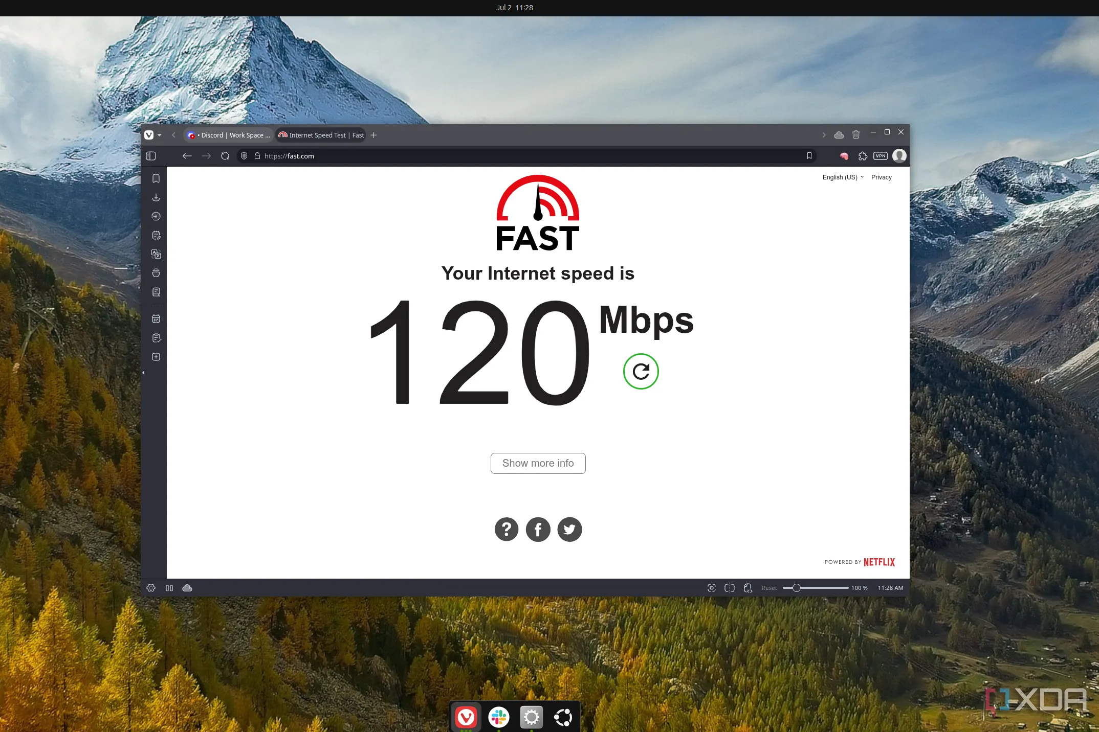 Màn hình kiểm tra tốc độ internet trên Vivaldi trên Ubuntu, hiển thị tốc độ 120Mbps, cho thấy sự cải thiện đáng kể.