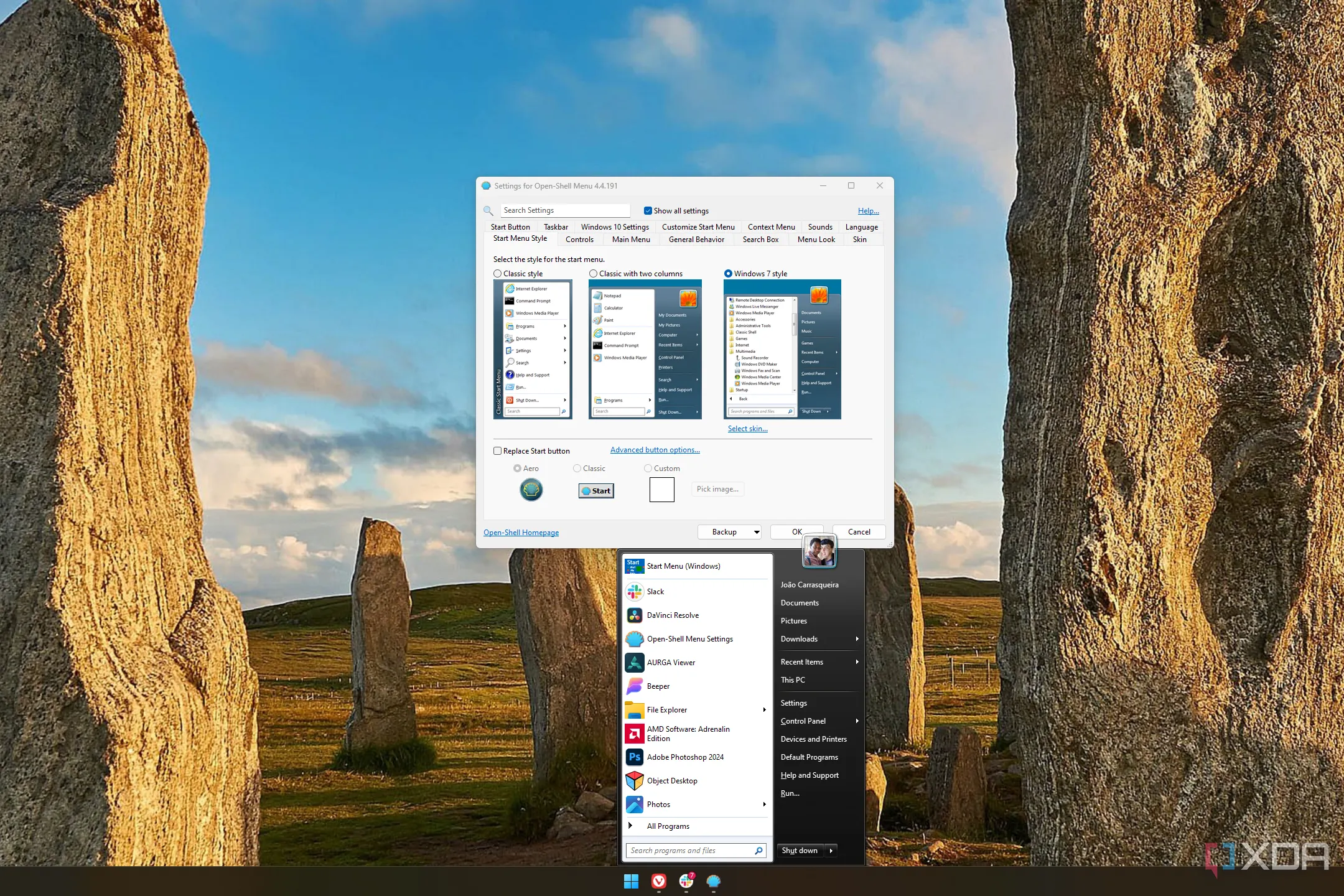 Màn hình nền Windows 11 hiển thị Start Menu của OpenShell với cài đặt tùy chỉnh, tái hiện phong cách cổ điển của Windows.