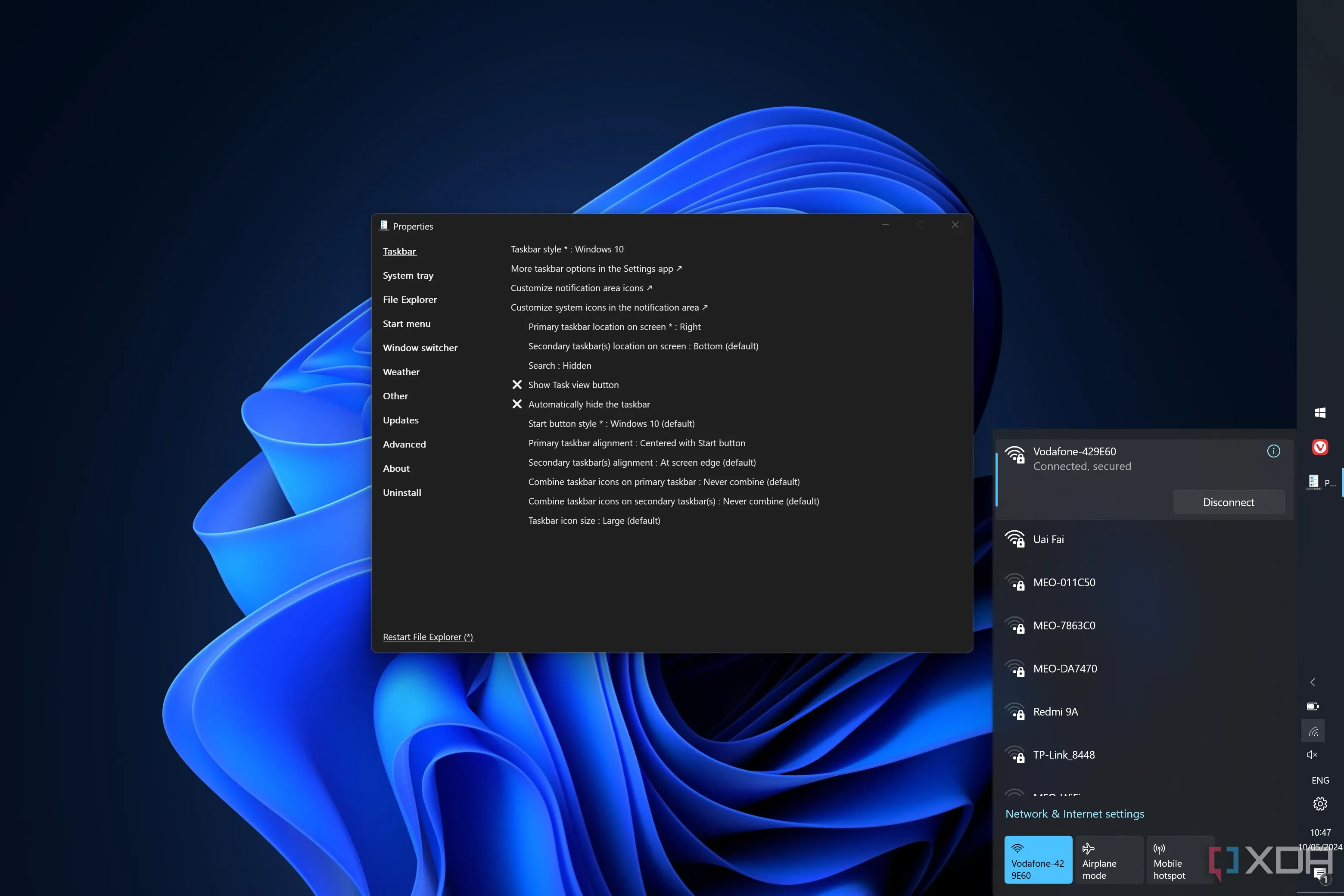 Màn hình Windows 11 với thanh Taskbar được tùy chỉnh bằng ExplorerPatcher, hiển thị biểu tượng nằm giữa và giao diện quen thuộc của Windows 10.