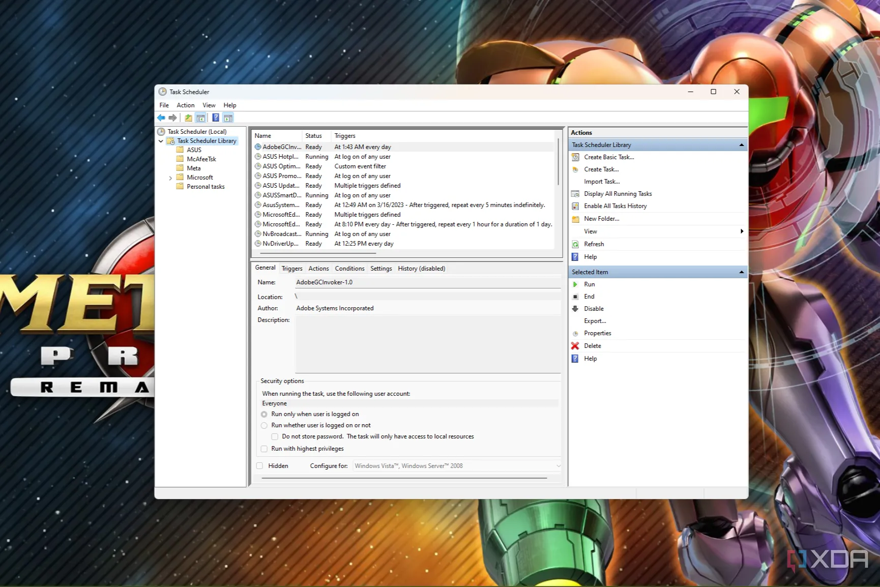 Màn hình Windows Task Scheduler trên Windows 11 với các tùy chọn tạo tác vụ tự động