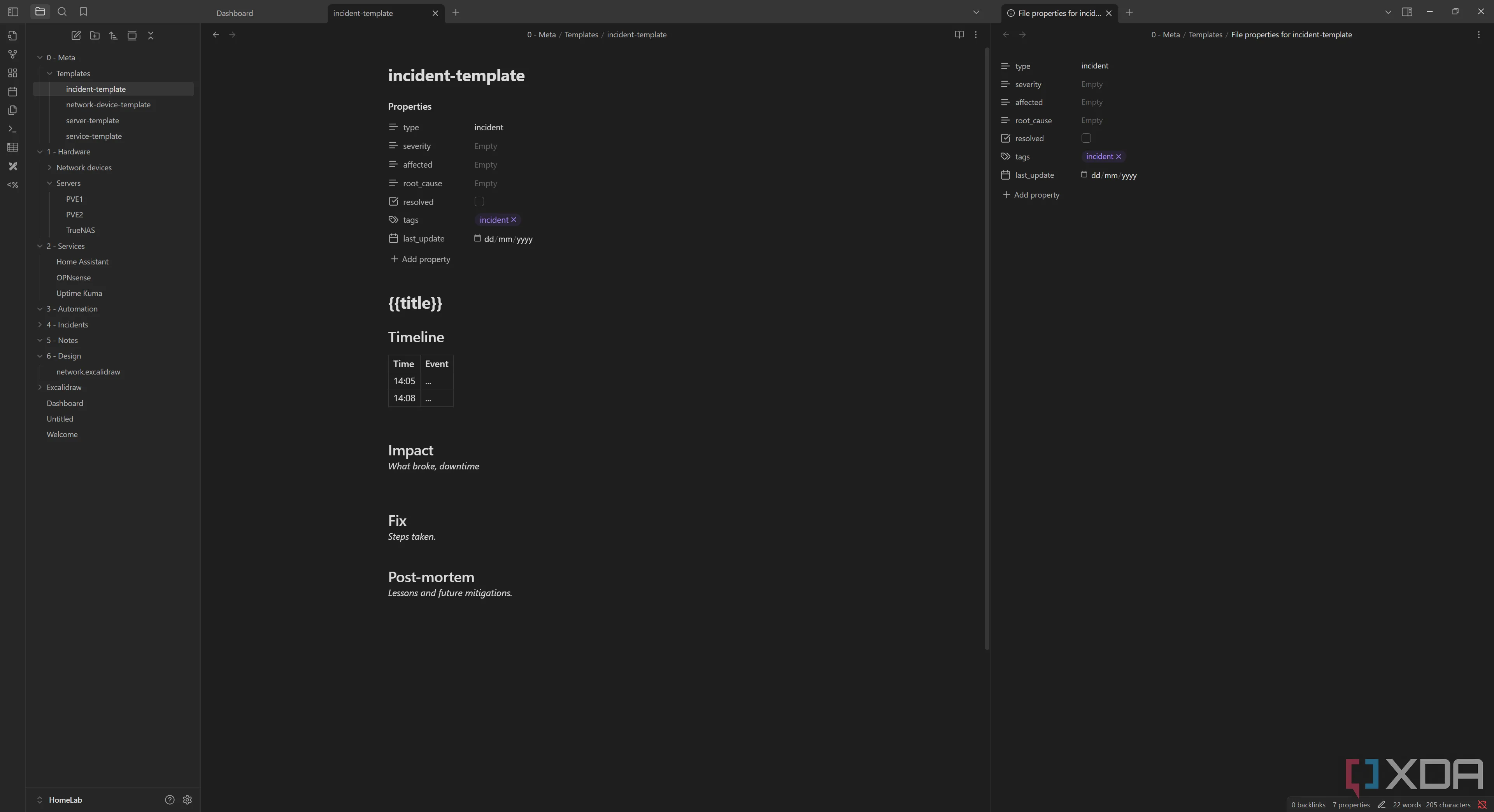 Mẫu template ghi chú sự cố (incident) trong Obsidian để theo dõi các vấn đề của home lab