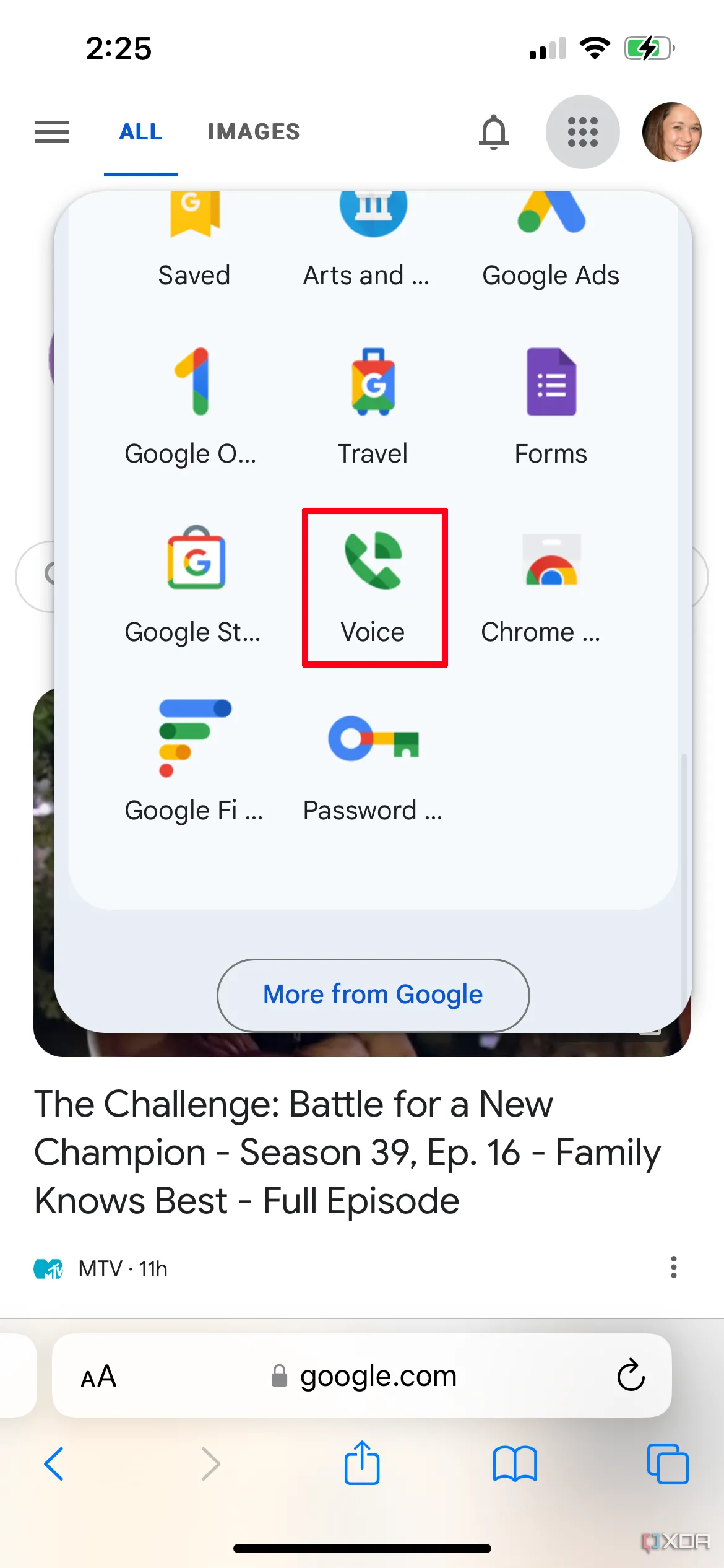 Menu dịch vụ Google trên iPhone với Google Voice được chọn, minh họa khả năng ghi âm cuộc gọi.