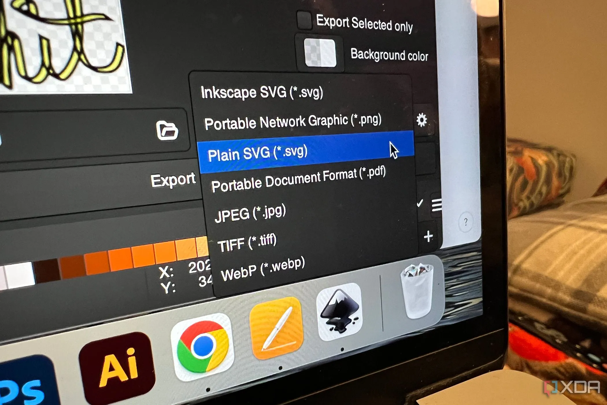 Menu tùy chọn định dạng xuất file đa dạng của Inkscape, bao gồm SVG, PDF, PNG và JPEG.