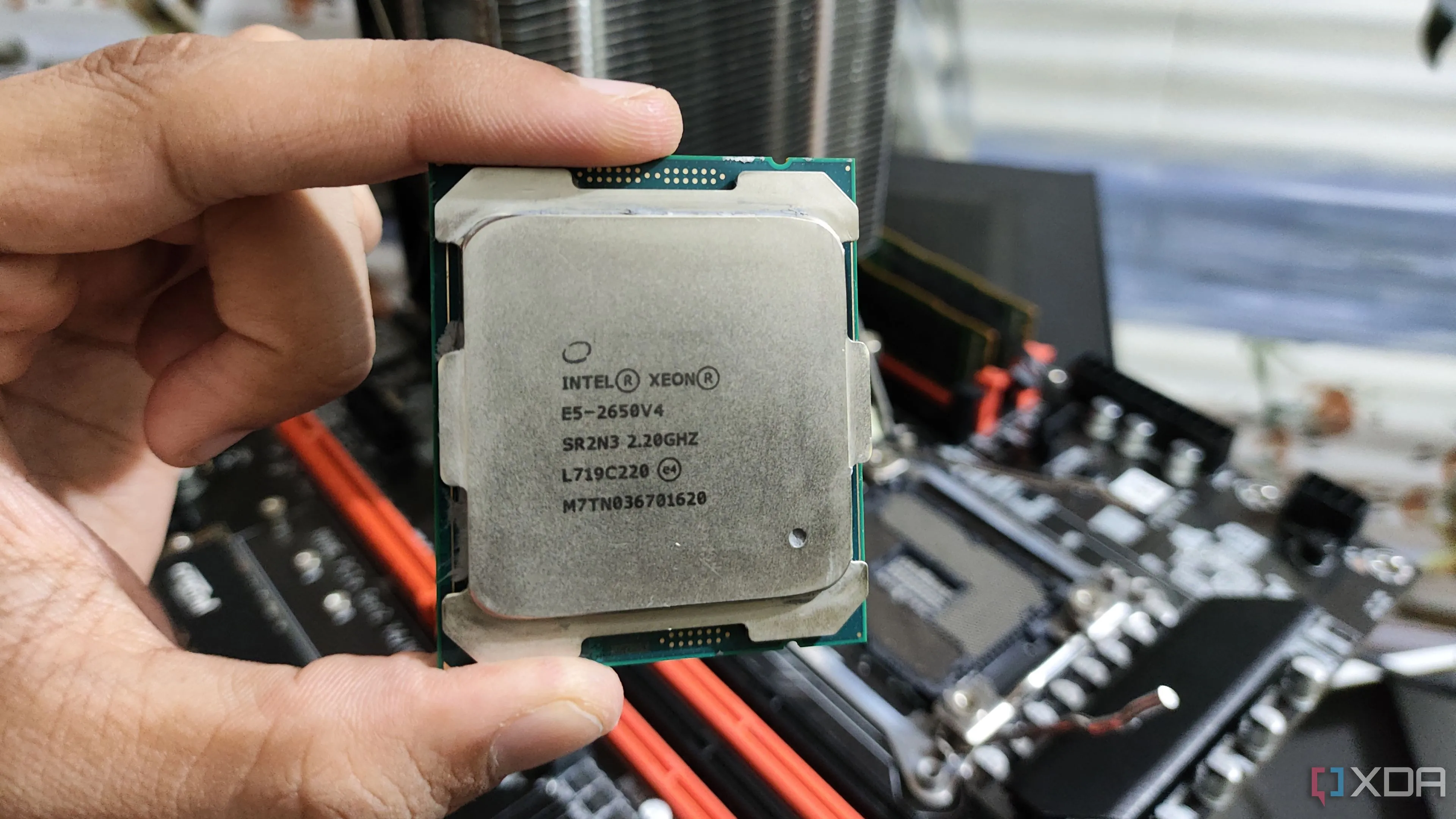 Một người đang cầm bộ vi xử lý Intel Xeon E5-2650 v4 dành cho máy chủ