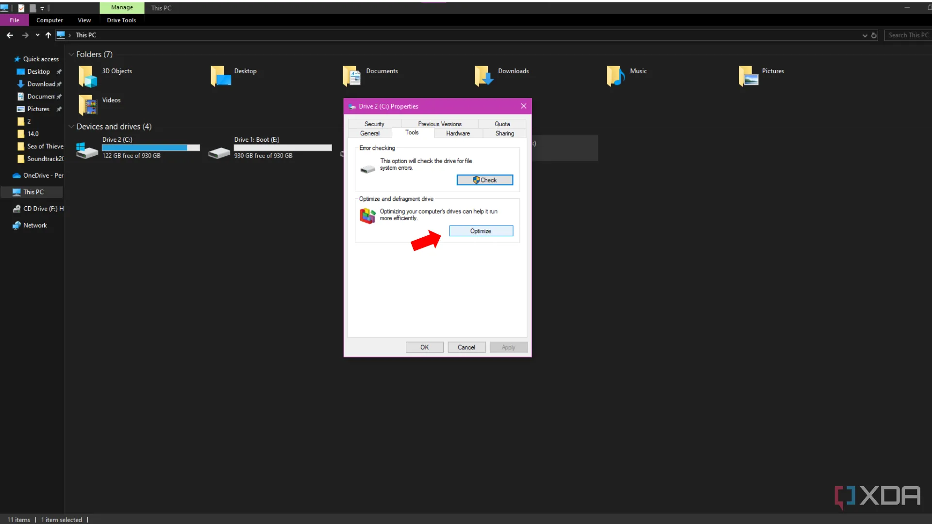 Nút Optimize trong menu thuộc tính ổ đĩa Windows, thể hiện tính năng chống phân mảnh tự động