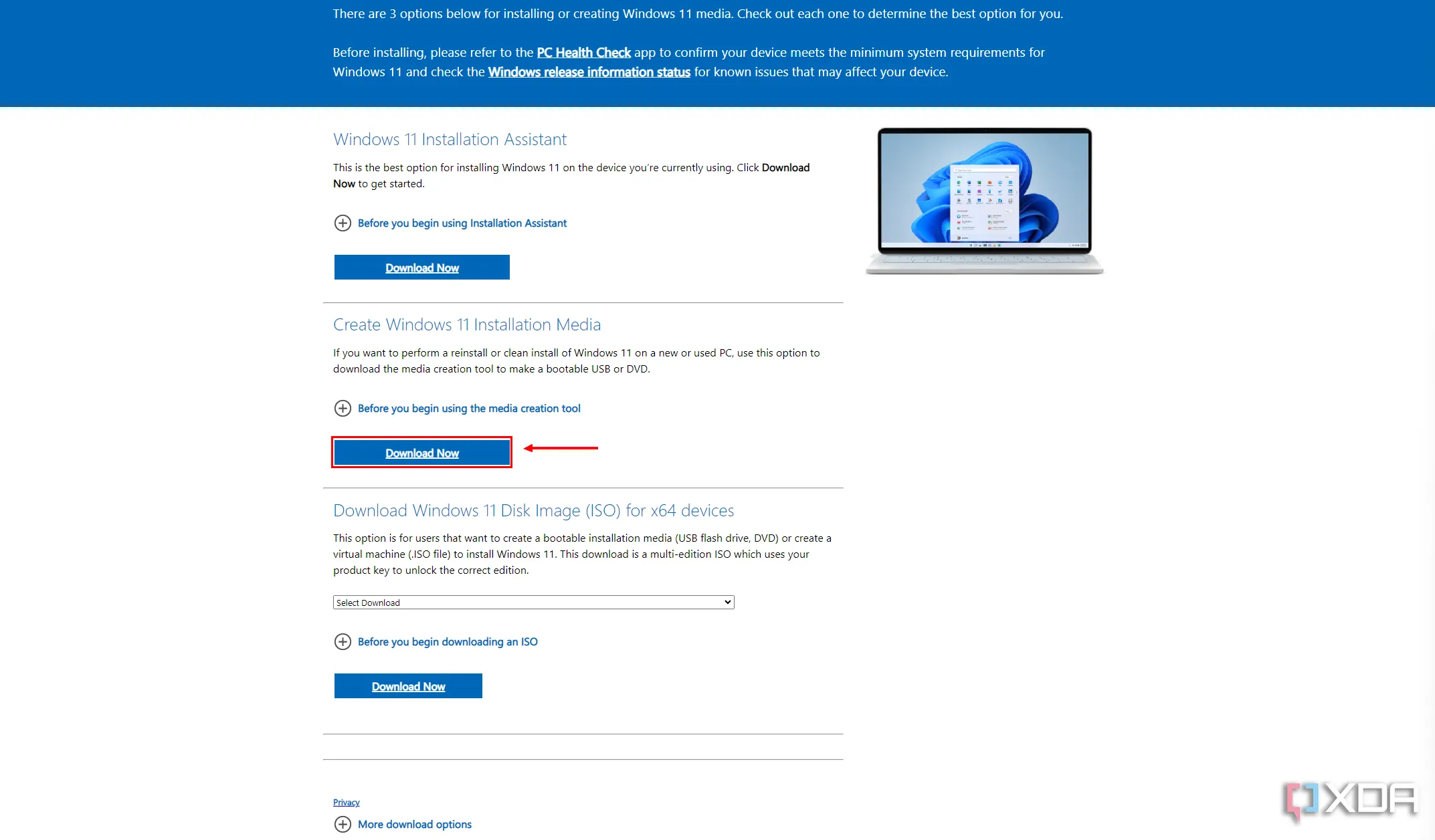 Screenshot] Giao diện trang tải Windows 11 với nút "Download now" trong phần "Create Windows 11 Installation Media"