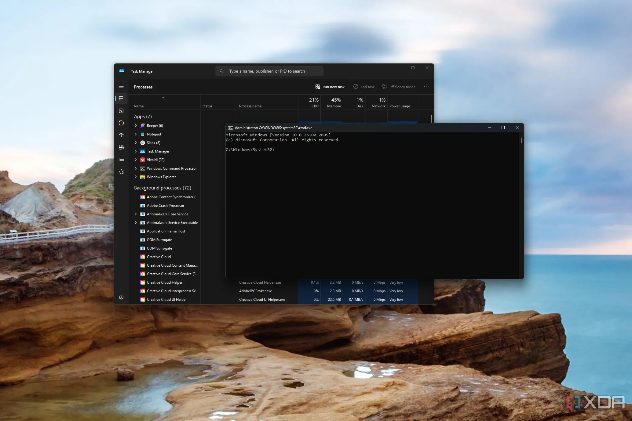 Screenshot of Task Manager next to a Command prompt window running with admin privileges