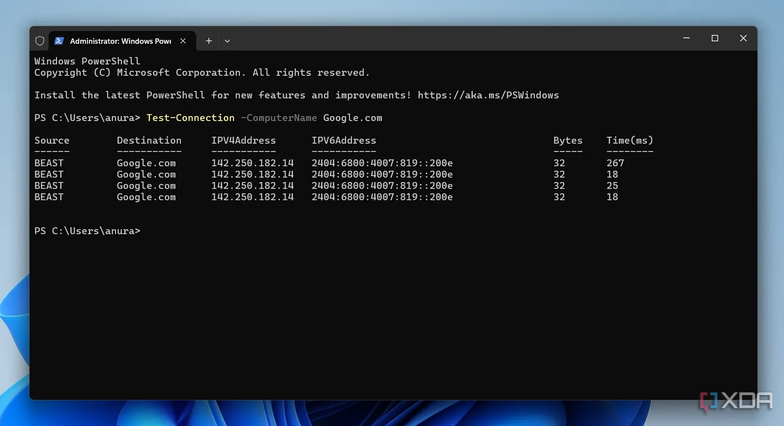 Sử dụng lệnh Test-Connection trong PowerShell để kiểm tra kết nối mạng