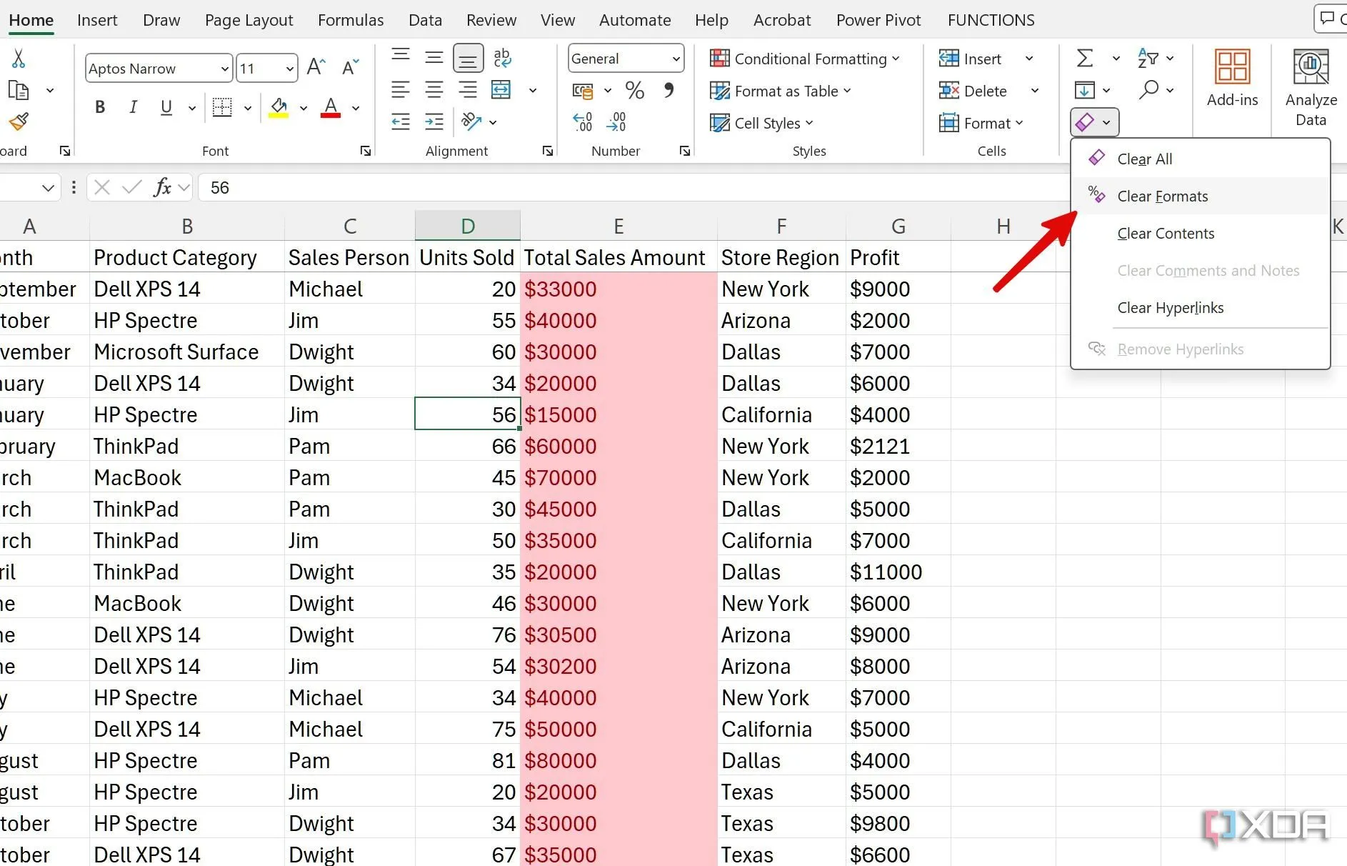 Thao tác Clear Formats trong Excel để loại bỏ toàn bộ định dạng khỏi vùng dữ liệu đã chọn