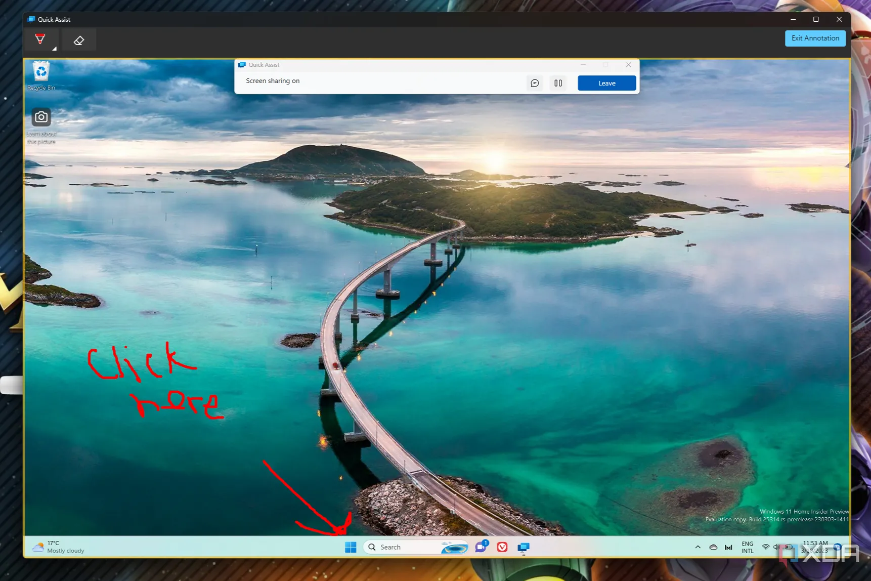 Tính năng chú thích (annotation) trong ứng dụng Quick Assist của Windows 11, giúp người hỗ trợ dễ dàng chỉ dẫn trên màn hình