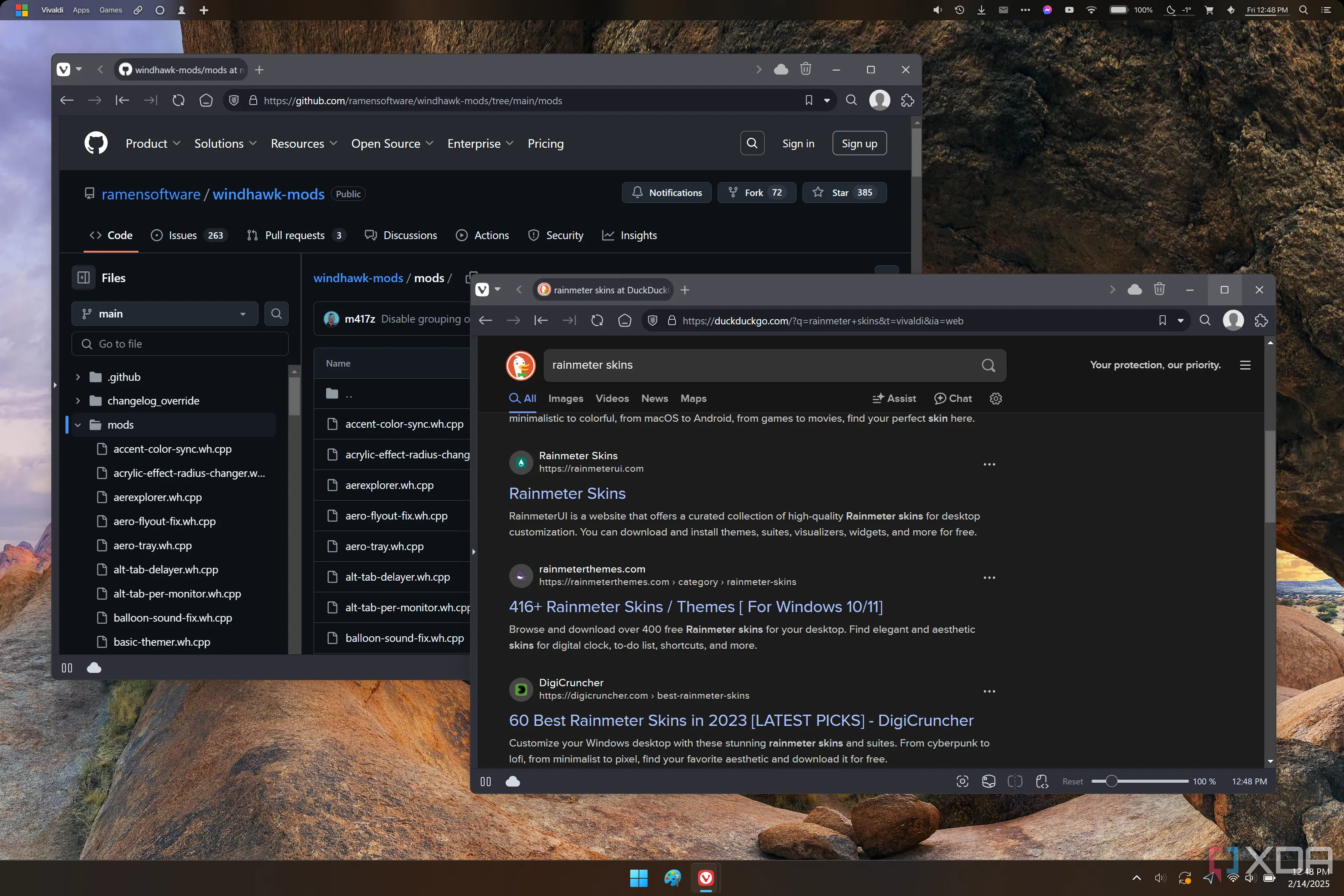 Trang GitHub chứa các Windhawk mod và kết quả tìm kiếm Rainmeter skins, minh họa cách tiếp cận cộng đồng khác nhau.