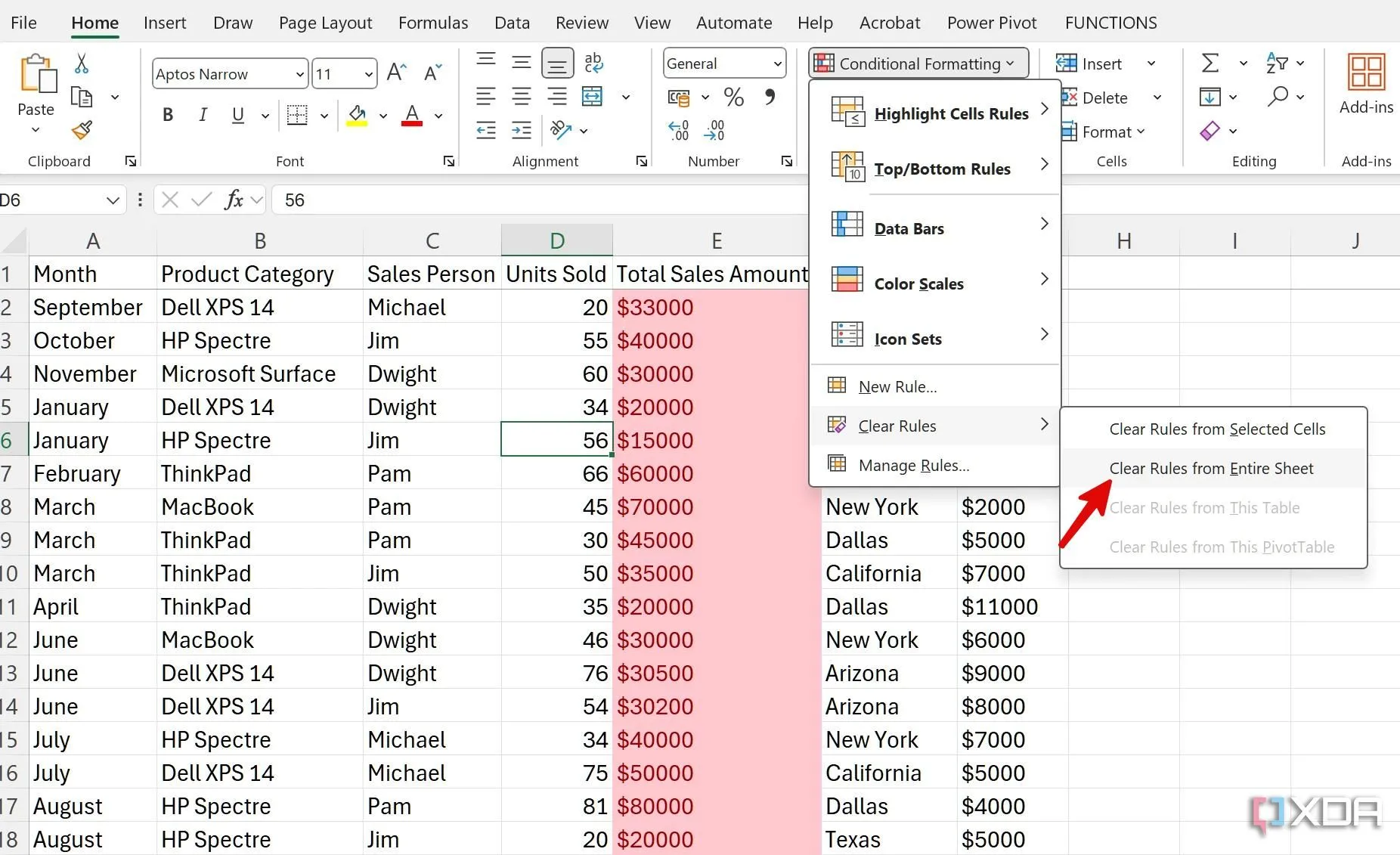 Tùy chọn Clear Rules From Entire Sheet để xóa định dạng có điều kiện trên toàn bộ bảng tính Excel