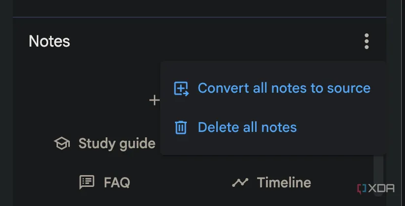 Tùy chọn &quot;Convert all notes to source&quot; trong giao diện NotebookLM
