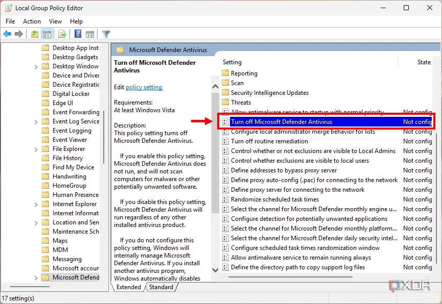 Tùy chọn &quot;Turn off Microsoft Defender Antivirus&quot; trong Group Policy Editor để vô hiệu hóa Defender.