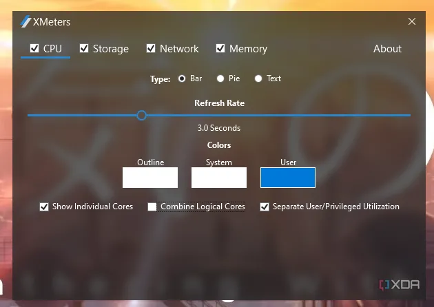 Ứng dụng XMeters hiển thị thông số CPU, RAM, Network trên thanh tác vụ Windows 11