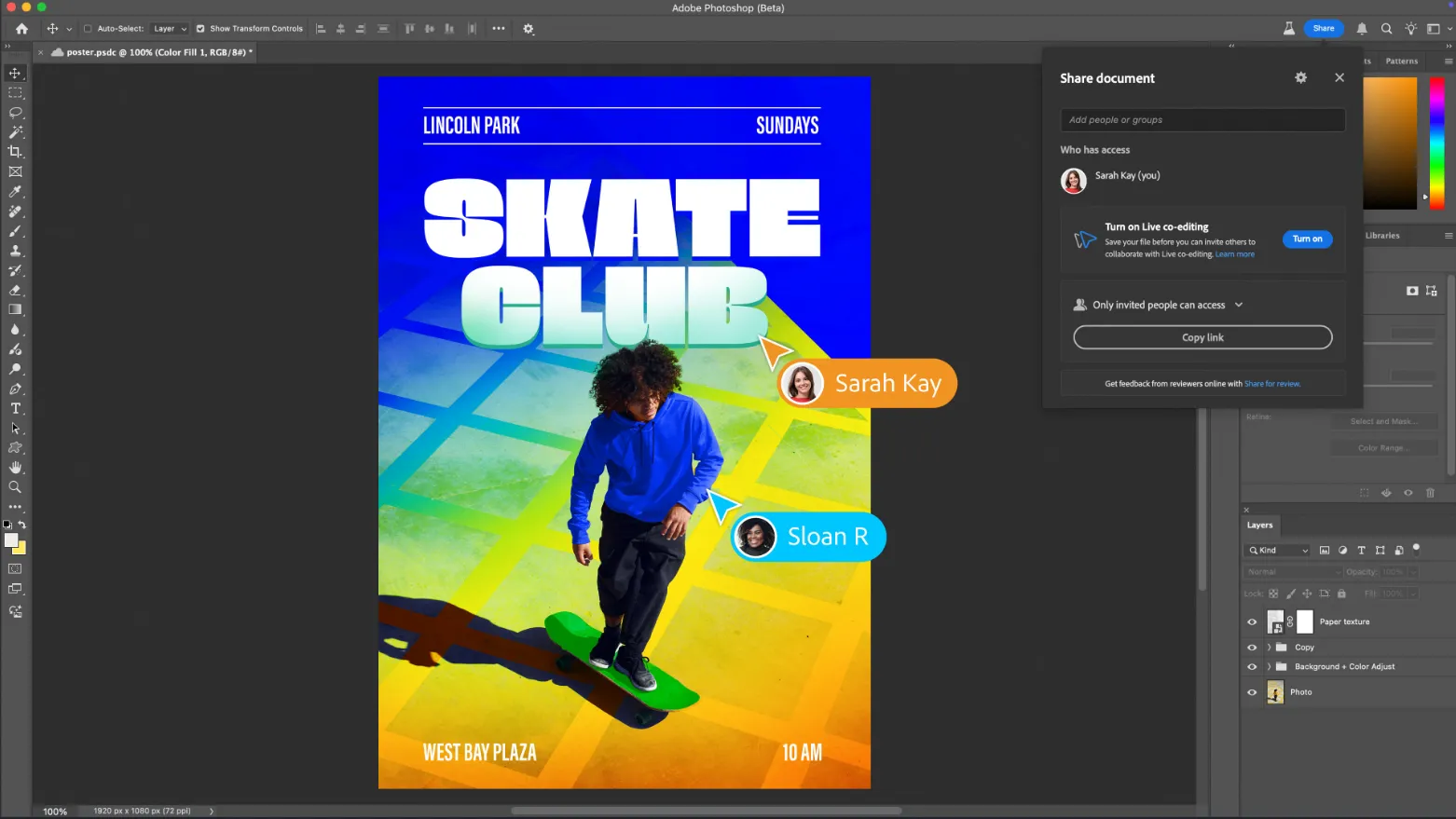 Ví dụ minh họa tính năng Live Co-Editing trong Adobe Photoshop, cho phép nhiều người cùng chỉnh sửa trên một canvas.