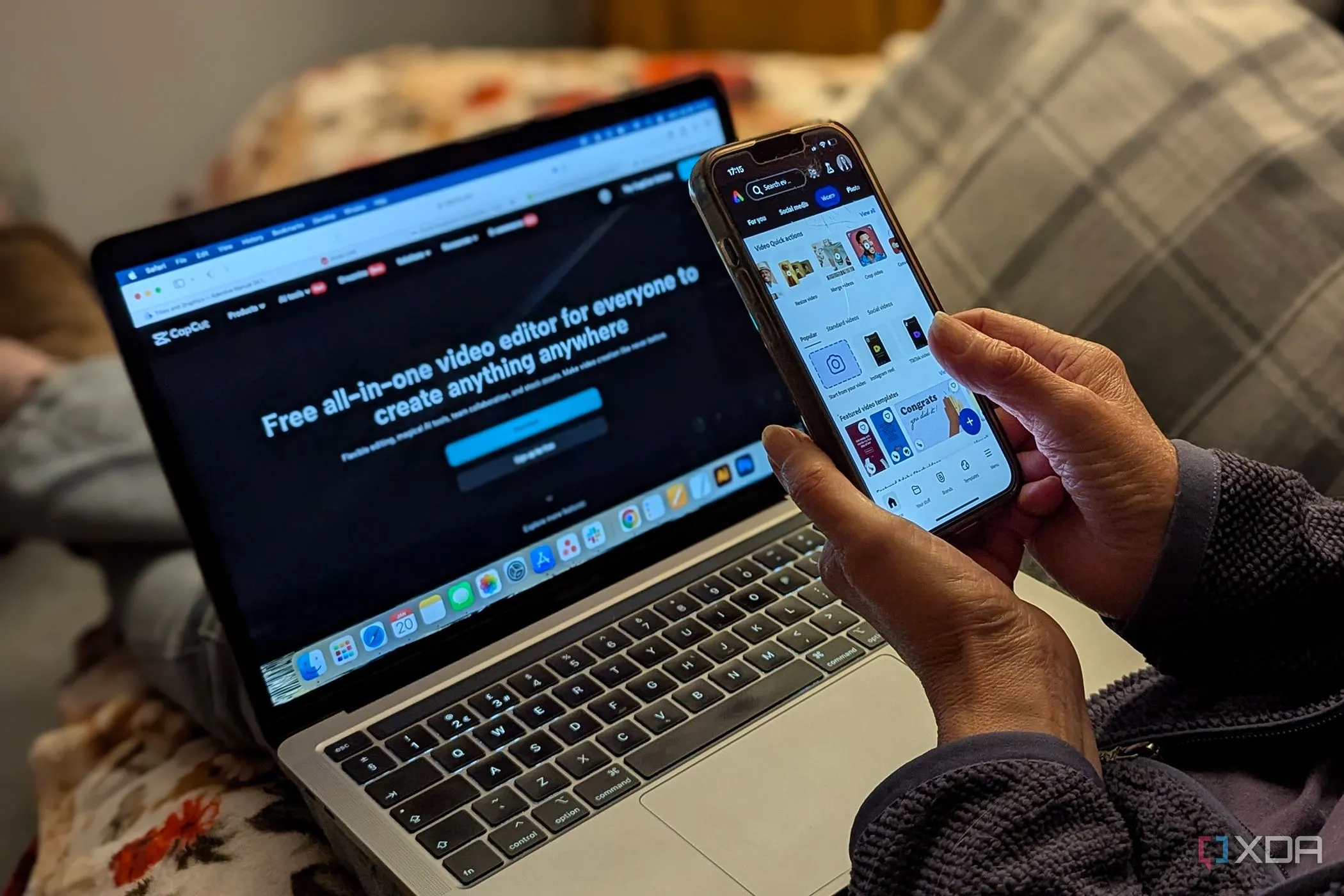 Adobe Express trên iPhone và CapCut trên MacBook, minh họa các lựa chọn chỉnh sửa video di động và máy tính