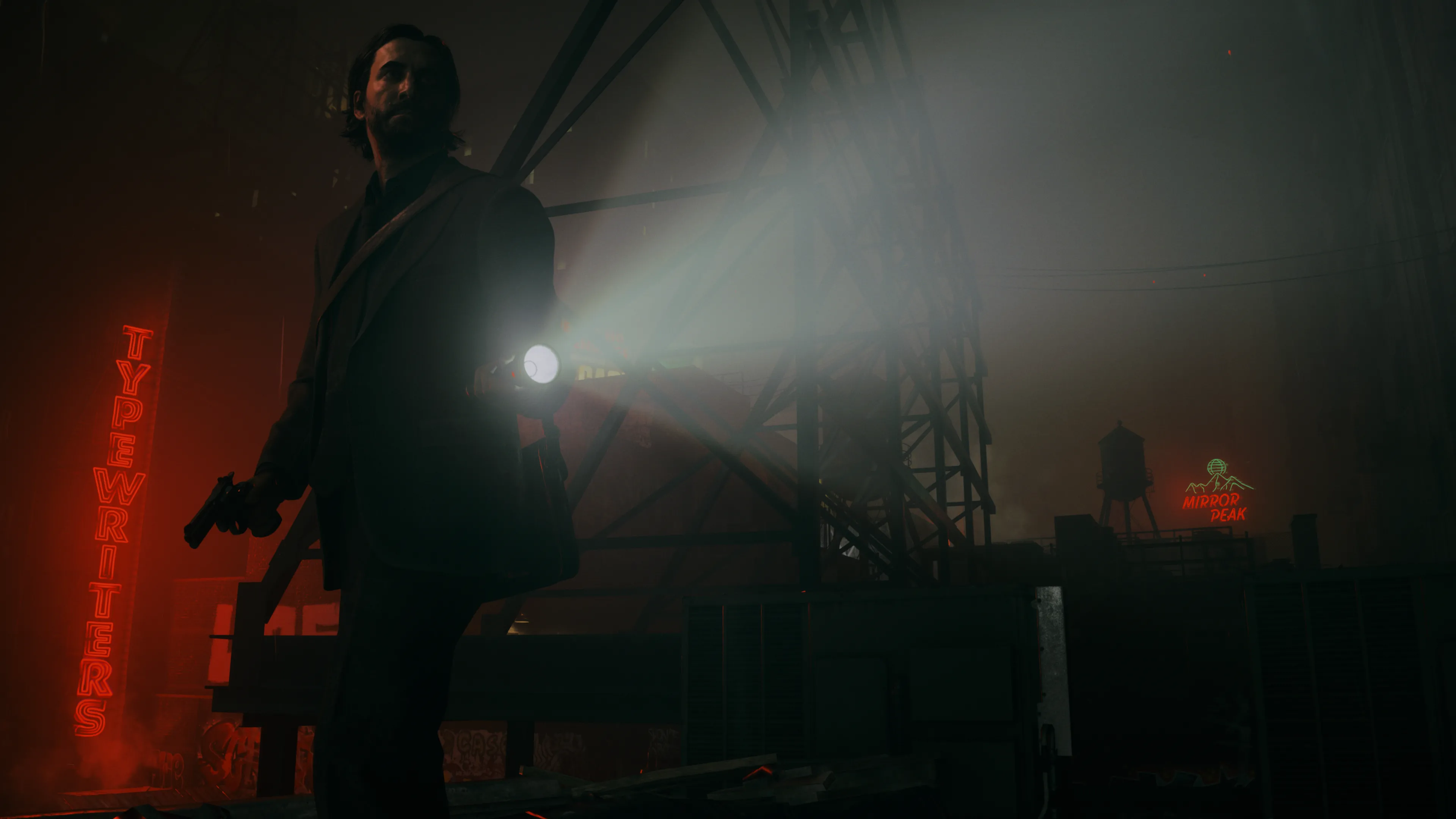 Alan Wake 2 với đèn pin trong môi trường tối, thể hiện chất lượng đồ họa game hiện đại và trải nghiệm trên console.