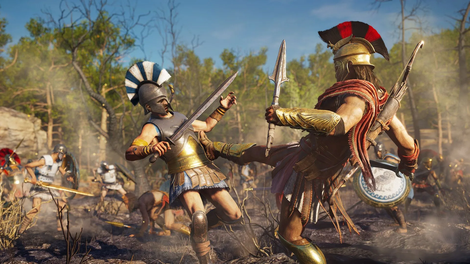 Alexios thực hiện cú đá Sparta kinh điển vào kẻ thù trong Assassin's Creed Odyssey