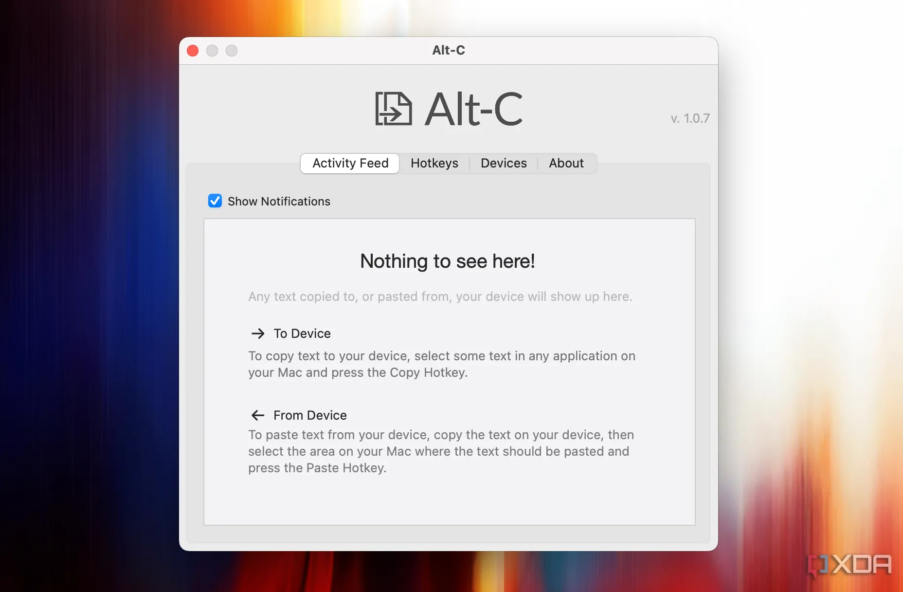 Alt-C trên MacBook hiển thị giao diện chính ứng dụng