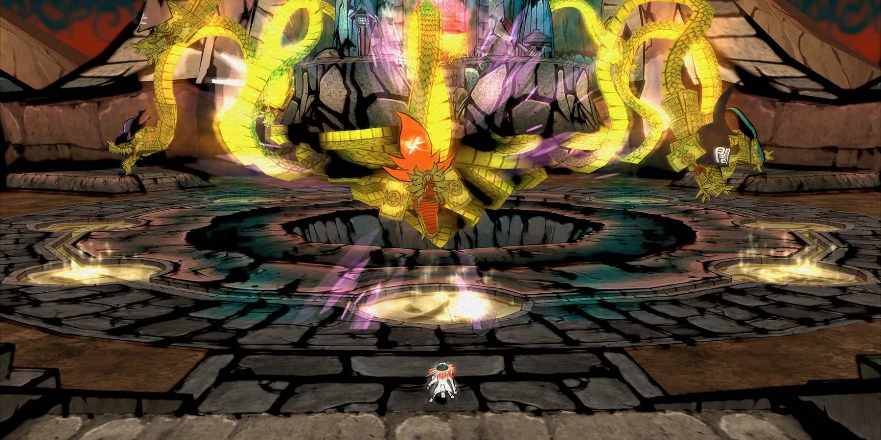 Amaterasu đối đầu với một con boss khổng lồ, nhấn mạnh quy mô các trận chiến trong Okami