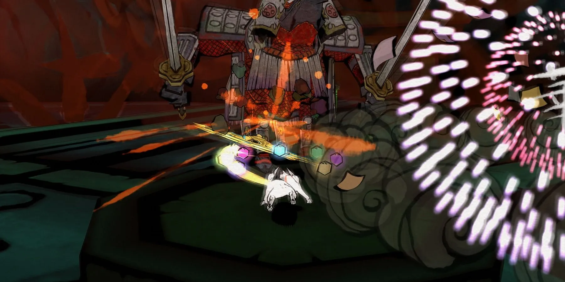 Amaterasu tham gia vào trận chiến với kẻ thù trong Okami, thể hiện cơ chế chiến đấu của game