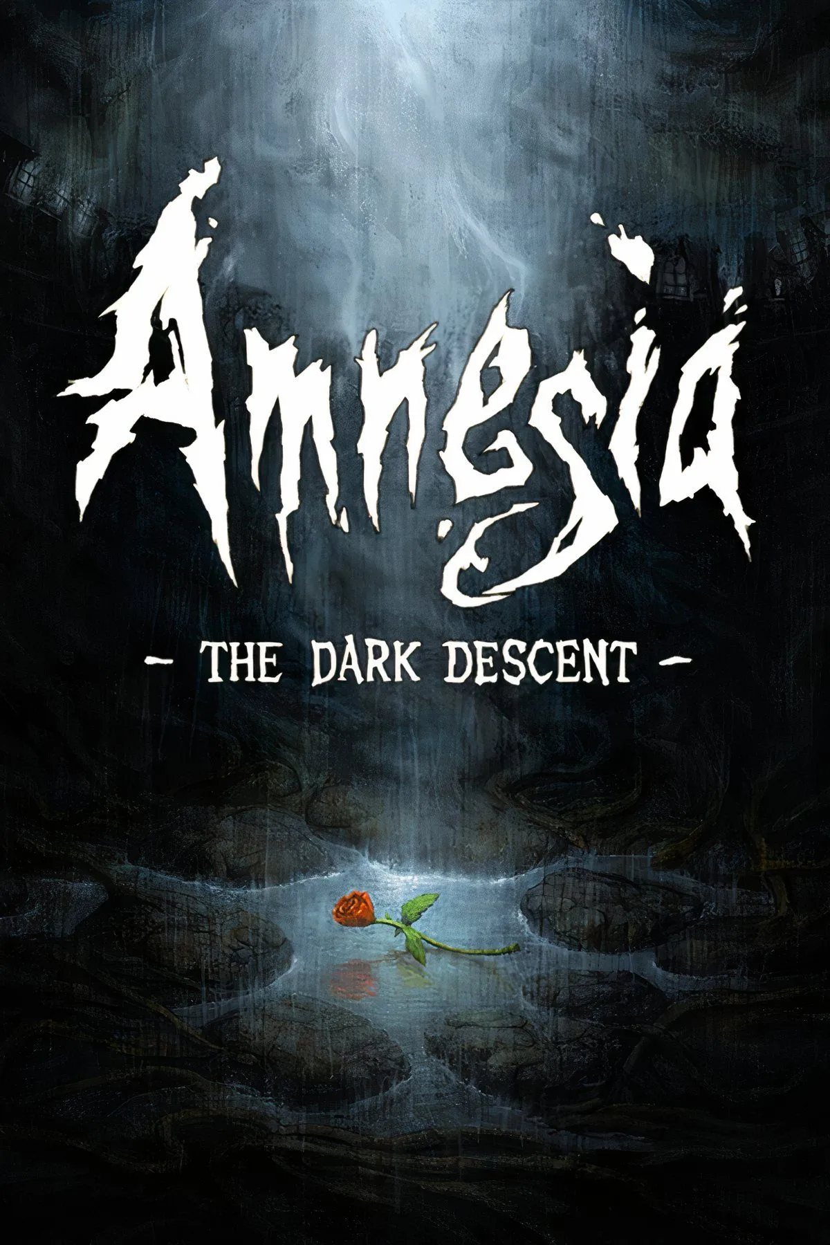 Amnesia The Dark Descent gameplay với một sinh vật đáng sợ trong sảnh lớn đầy sương mù và máu