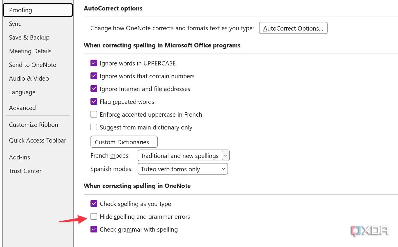 Ẩn các lỗi chính tả và ngữ pháp trong cài đặt OneNote Proofing