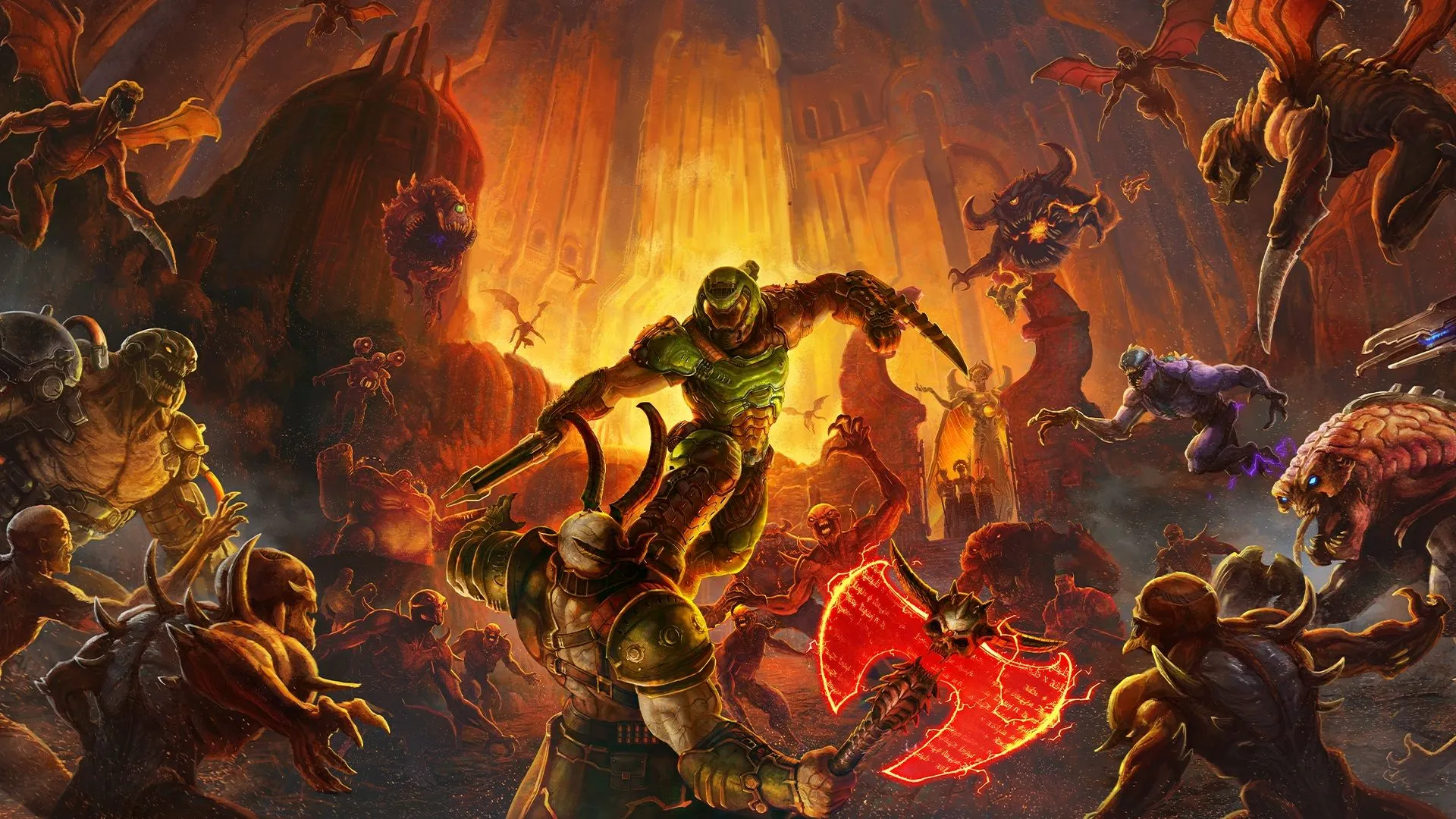 Ảnh bìa chính thức của game Doom Eternal, với Doom Slayer ở trung tâm