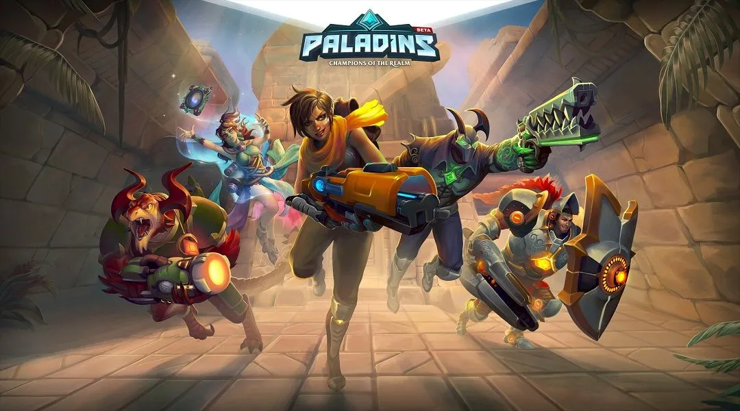 Ảnh bìa của game Paladins: Champions of the Realm với các nhân vật anh hùng đa dạng