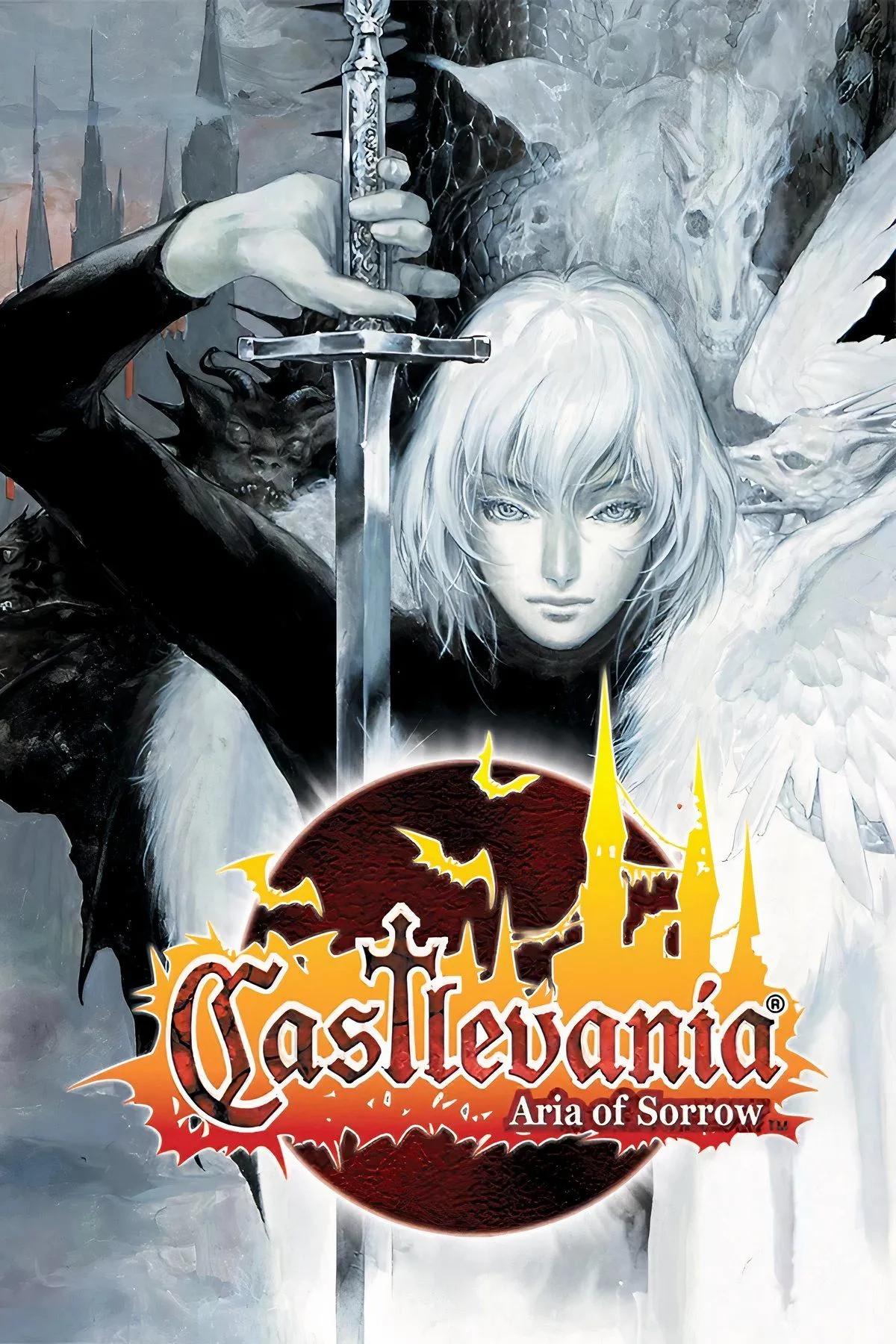 Ảnh bìa game Castlevania: Aria of Sorrow với nhân vật chính Soma Cruz và lâu đài huyền bí