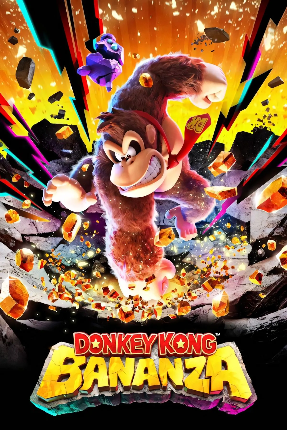 Ảnh bìa game Donkey Kong Bananza, cho thấy Donkey Kong đang nhảy nhót vui vẻ trong một môi trường nhiệt đới đầy chuối và các khối voxel có thể phá hủy, tượng trưng cho lối chơi độc đáo trên Nintendo Switch 2.