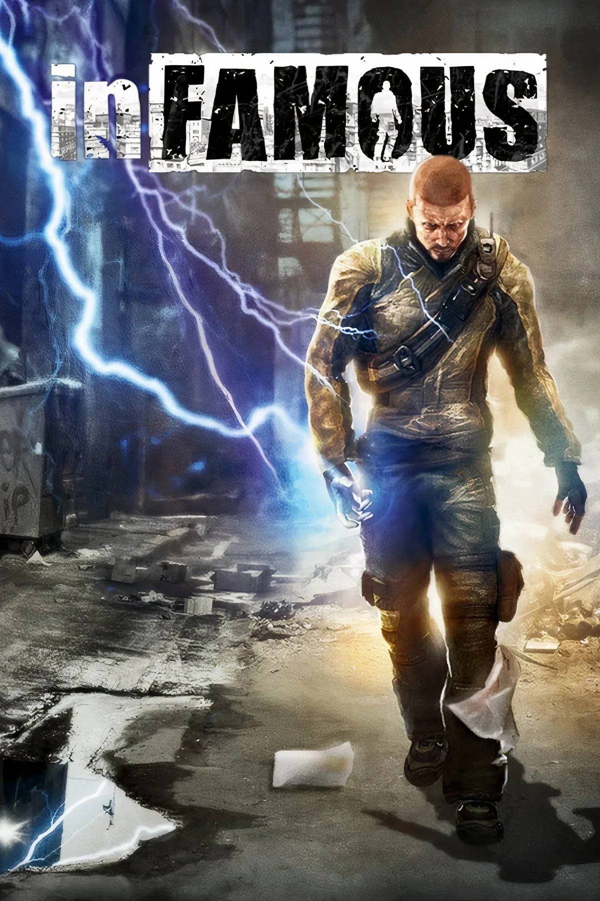 Ảnh bìa game Infamous với Cole MacGrath sử dụng năng lực điện