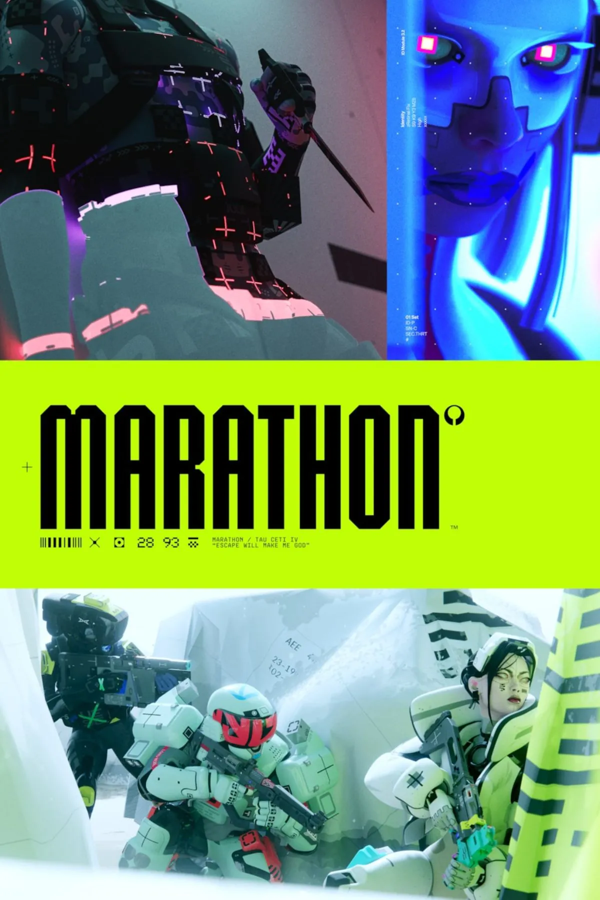 Ảnh bìa game Marathon của Bungie, thể hiện nhân vật chính trong trang phục chiến đấu futuristic
