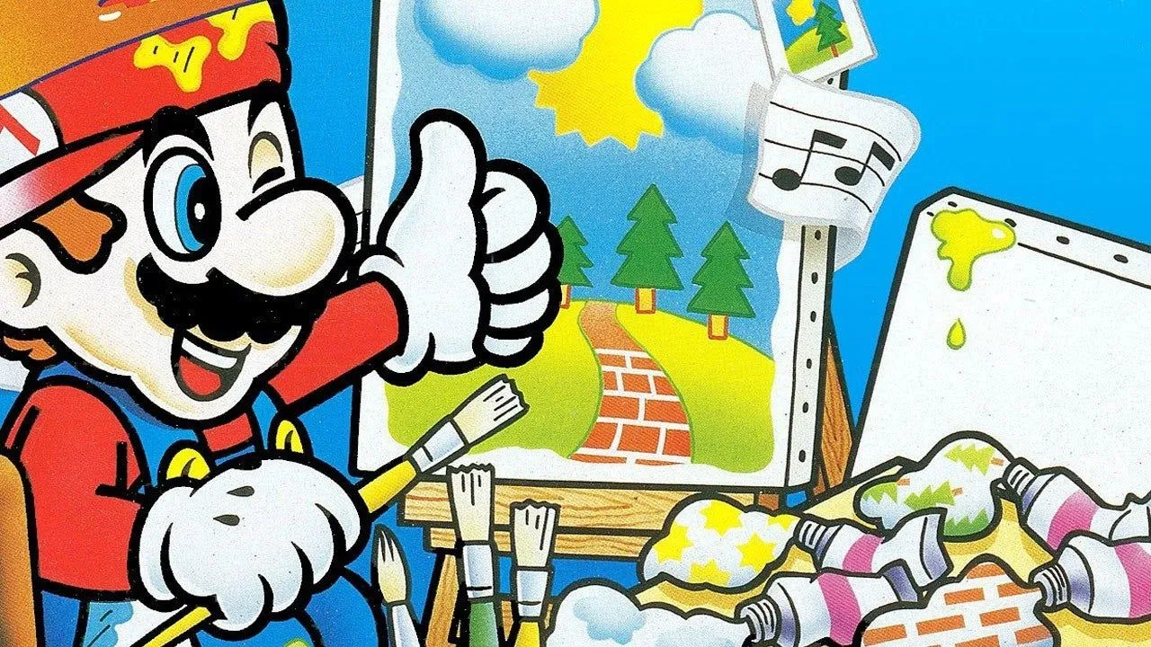 Ảnh bìa game Mario Paint trên SNES, minh họa khả năng sáng tạo độc đáo.