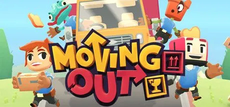 Ảnh bìa game Moving Out với các nhân vật đang di chuyển đồ đạc hỗn loạn