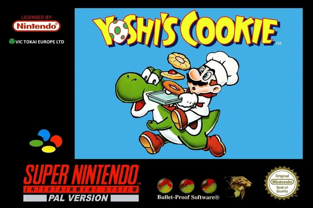 Ảnh bìa phiên bản PAL của game Yoshi's Cookie trên SNES, với Yoshi và Mario.