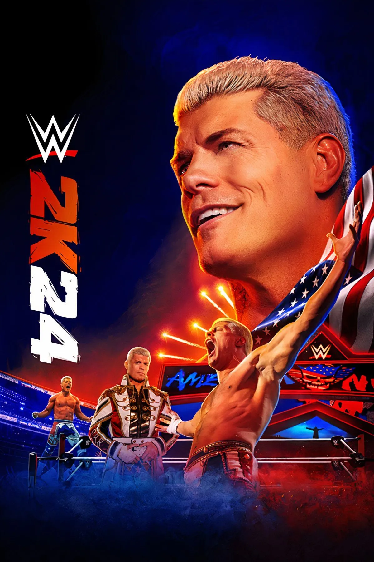 Ảnh bìa WWE 2K24 với Cody Rhodes, Rhea Ripley và Bianca Belair