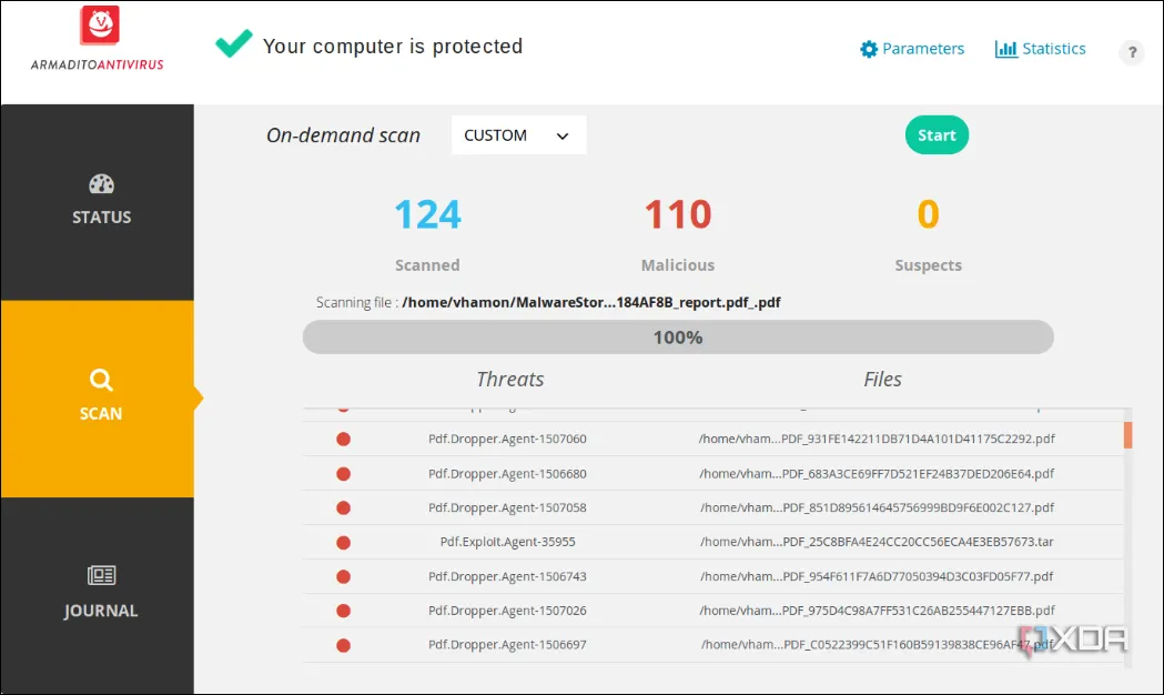 Ảnh chụp màn hình Armadito Antivirus đang thực hiện quét tìm mã độc và virus trên hệ thống