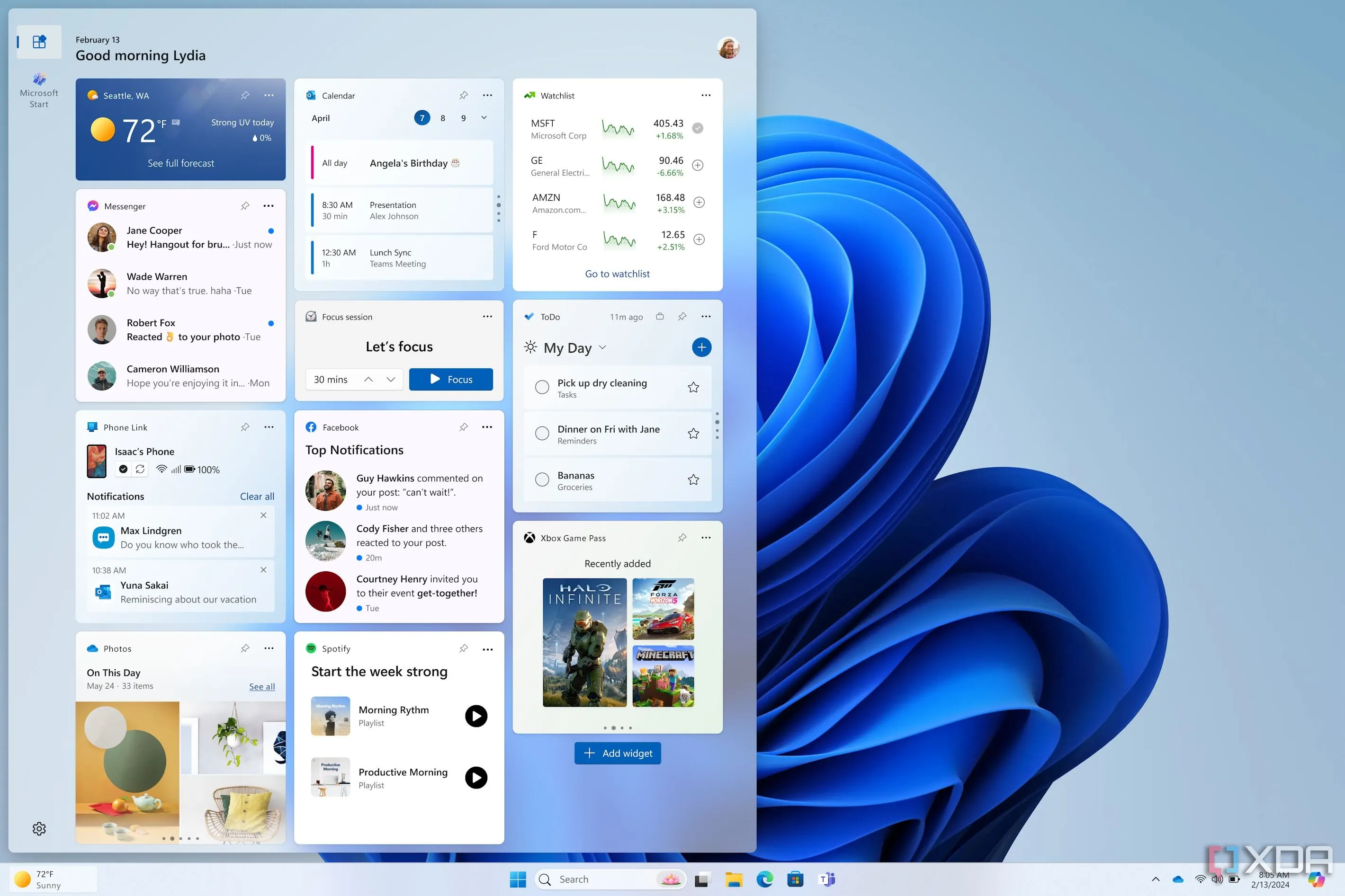 Ảnh chụp màn hình bảng Widgets trên Windows 11, hiển thị các tiện ích tin tức và thông tin