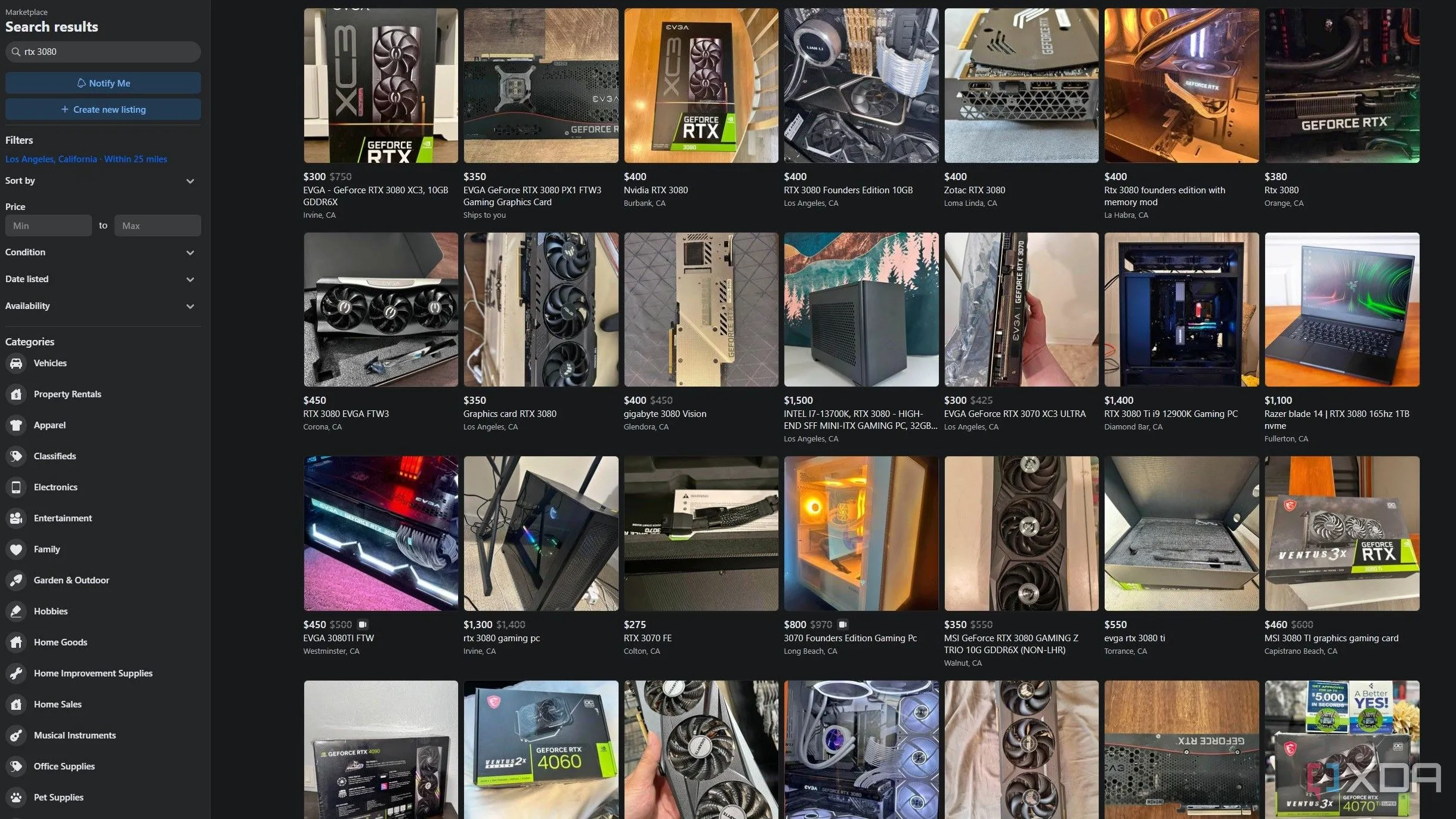 Ảnh chụp màn hình các bài đăng bán card đồ họa RTX 3080 trên Facebook Marketplace, minh họa giao dịch linh kiện PC cũ không bảo hành