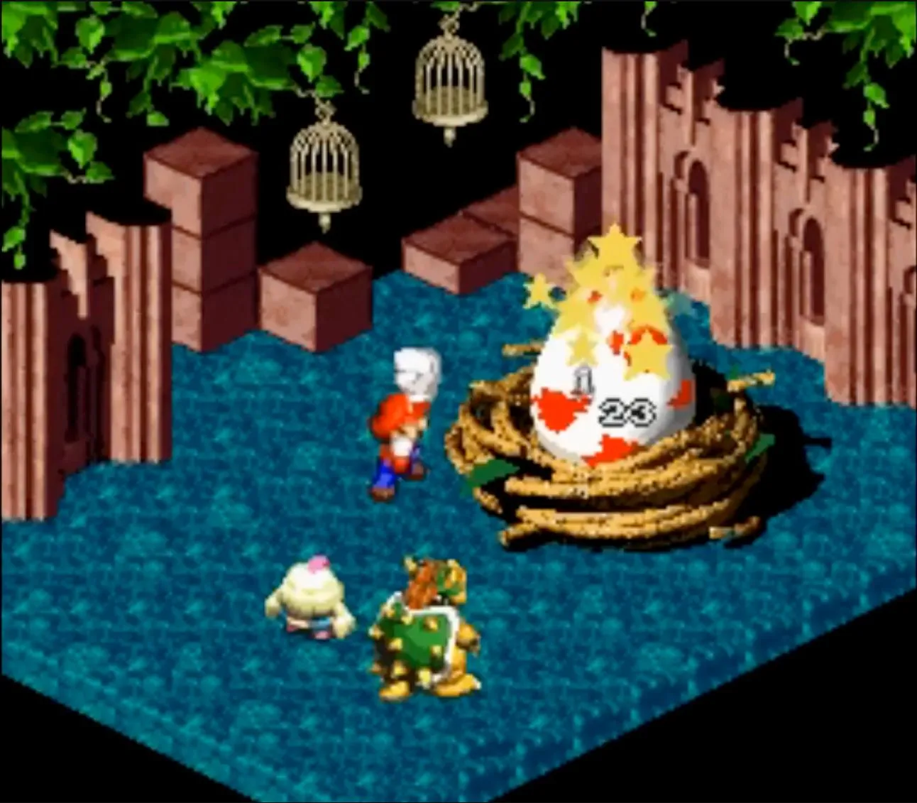 Ảnh chụp màn hình cảnh chiến đấu trong game nhập vai Super Mario RPG trên hệ máy SNES
