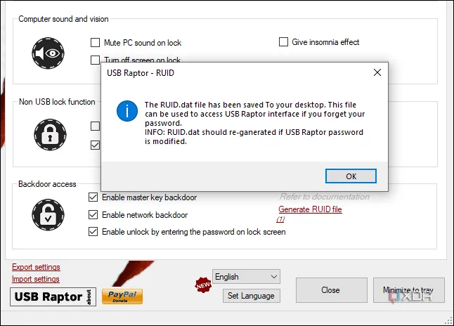 Ảnh chụp màn hình chức năng tạo file RUID trong USB Raptor, cung cấp quyền truy cập dự phòng