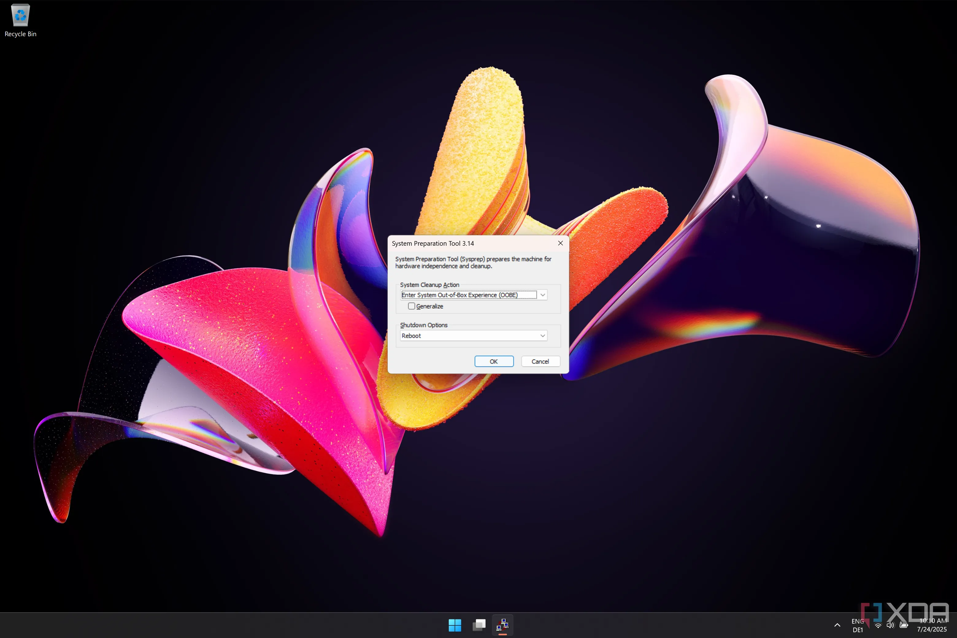 Ảnh chụp màn hình công cụ System Preparation Tool (Sysprep) trên Windows 11, giao diện khởi động lại quá trình thiết lập OOBE